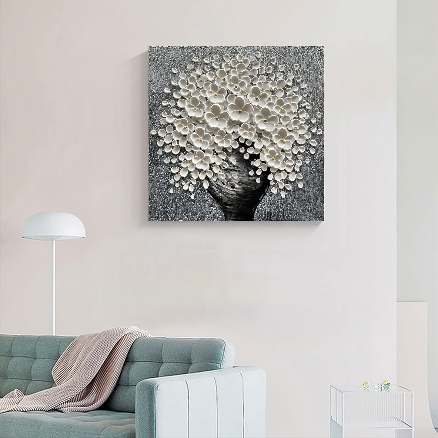 White Flower Oil Painting Modern Abstract Art Oil Painting Home Bedroom, Dining Room, Living Room, Office Wall Decoration (20x20 inches)