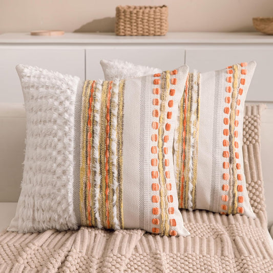 Fall Boho Chenille Tufted Throw Pillow Covers 18x18 Inch Set of 2 Farmhouse Striped Couch Decorative Pillow Covers Accent Neutral Pillowcase Yellow Orange Cushion Cover for Livingroom Sofa Bed