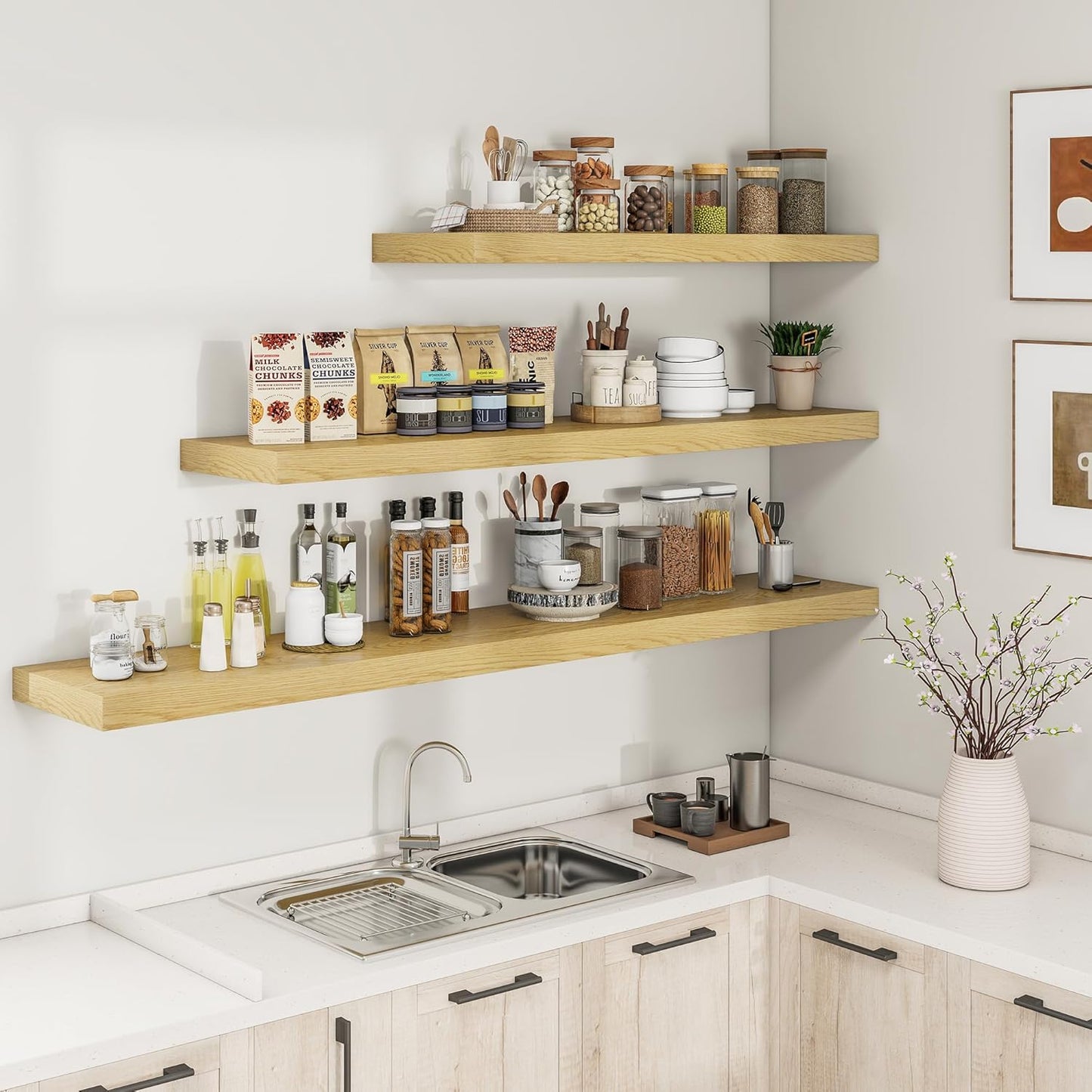 RICHFOCUS 72Inch Floating Shelves for Wall 1 Pack Shelves for Bedroom|Kitchen|Bathroom Wall Mounted Rustic Wood Floating Shelf with Invisible Brackets for Books|Storage|Decor, Oak