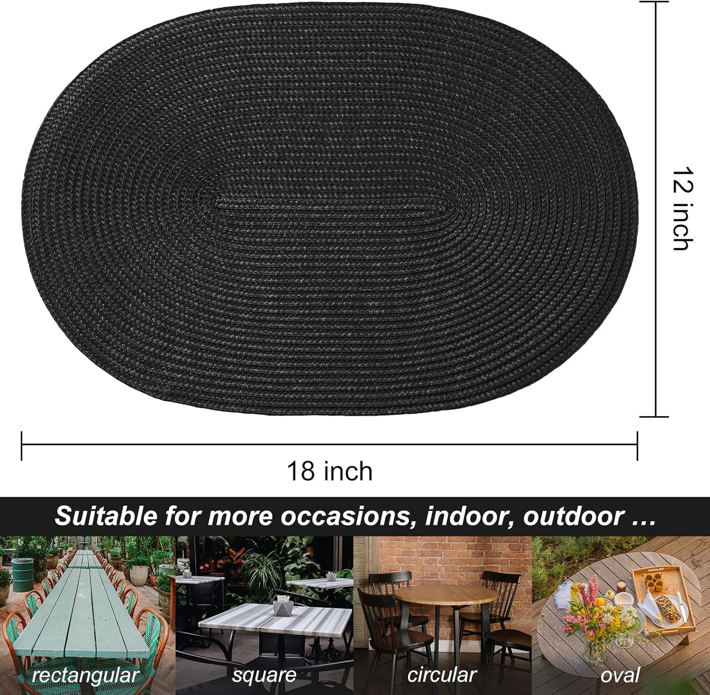 AHHFSMEI Placemats Set of 6 for Dining Table Washable Woven Vinyl Non-Slip 18x12 inches Placemat Heat-Resistant Durable Table Mats for Dining Table Easy to Clean (Oval Black, 6)