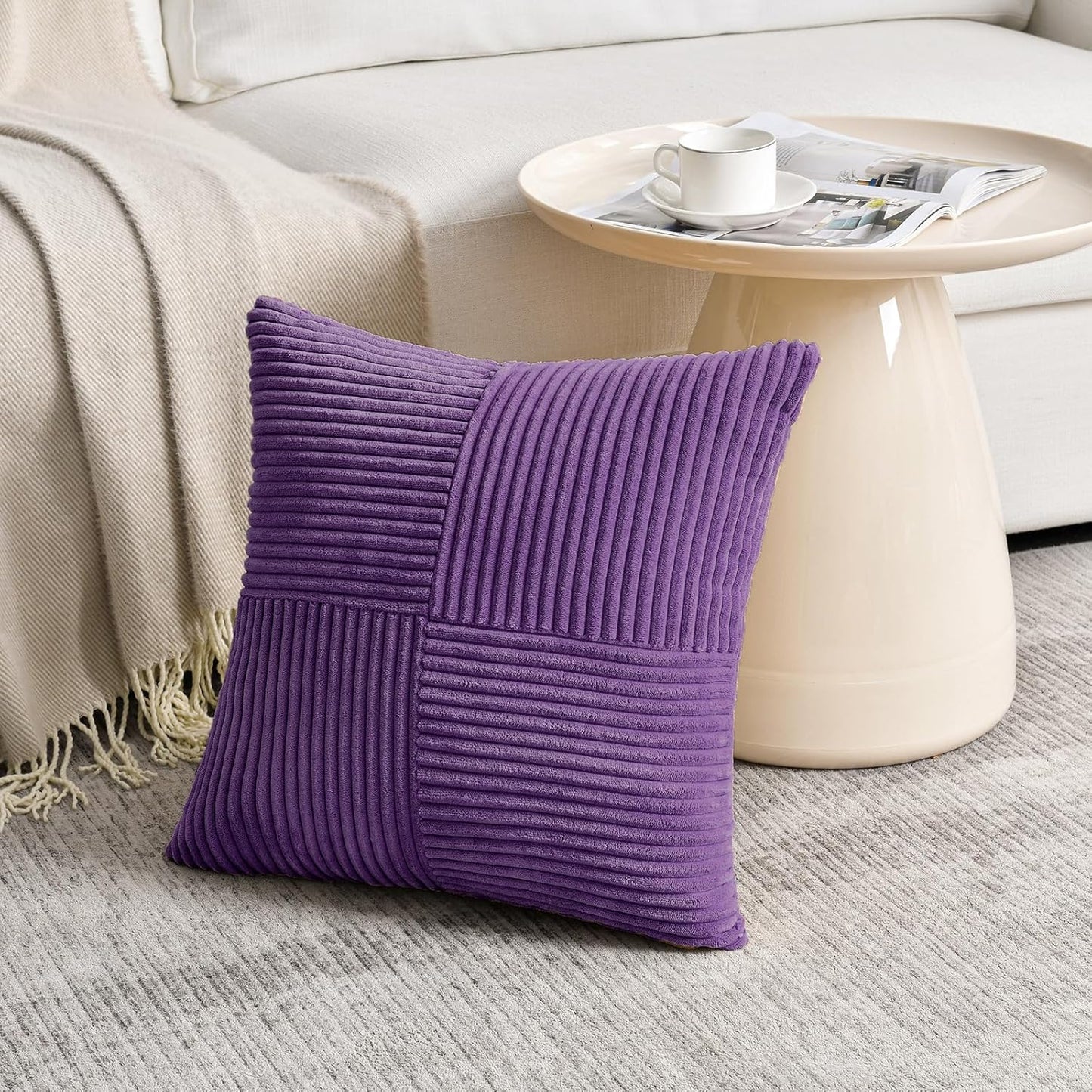Fancy Homi 2 Packs Purple Euro Decorative Throw Pillow Covers 26x26 Inch for Living Room Couch Bed, Farmhouse Boho Home Decor, Soft Corss Corduroy Patchwork Textured Square Cushion Case 66x66 cm