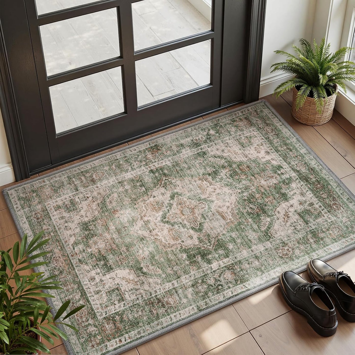 AMOAMI-2X3 Small Rug-Washable Rugs Entryway Mat Indoor-Soft Vintage Non Slip Rugs for Kitchen Laundry Room Bathroom Green Decorative Accent Rug for in Front of Sink 24 Inch x36 Inch