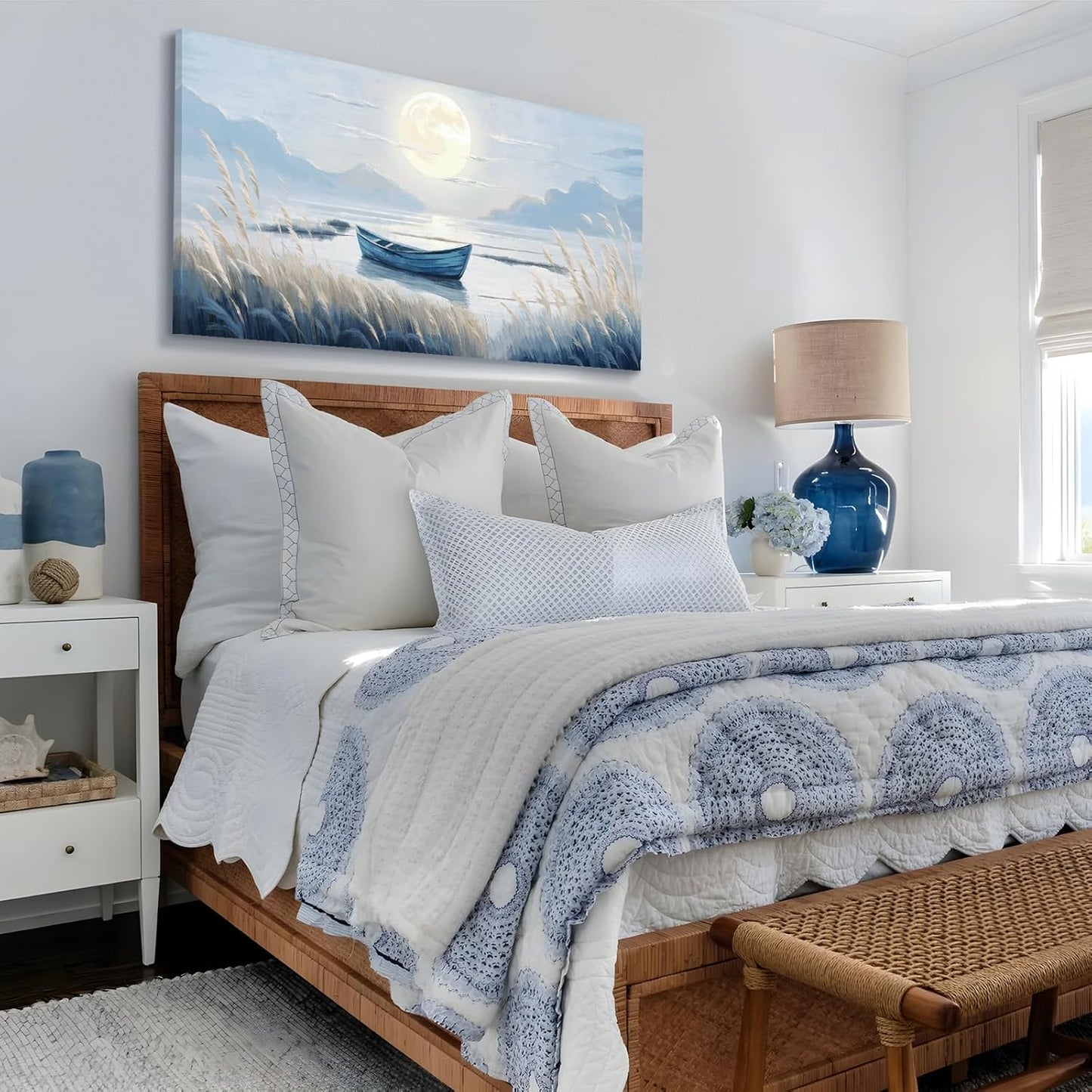 Large Wall Art for Living Room Bedroom Decor - Modern Nautical Beachy Ocean Beach Seascape Nature Artwork with Blue Boat Moon Lake Mountain Sea - Relaxing Serene Canvas Picture for Coastal Rustic Home