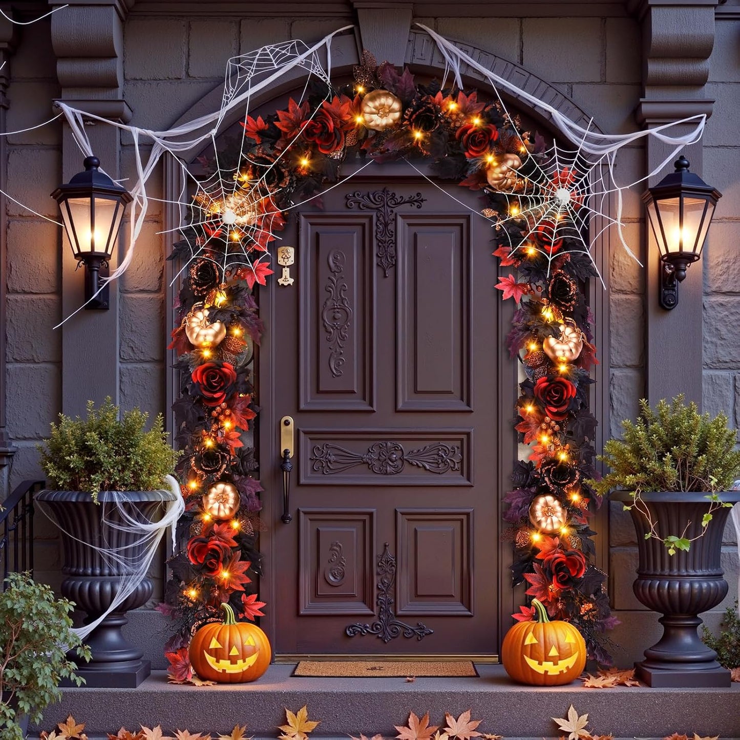 SHareconn 2 Pcs 9FT Halloween Garland with Purple Lights Battery Operated and Timer, Pre-Lit Black Red Maple Leaves Lighted Garland Decorations for Fireplace Mantle Centerpiece Indoor Outdoor Decor