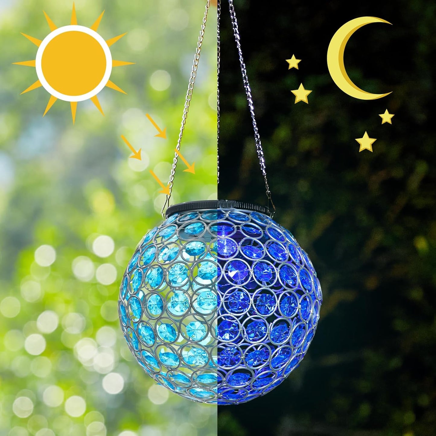 Solar Hanging Lantern Outdoor Lights, Dual LEDs Color Changing and Blue Hanging Light Waterproof Crystal Globe Lamp Decoration in Garden, Pathway, Front Door - Blue