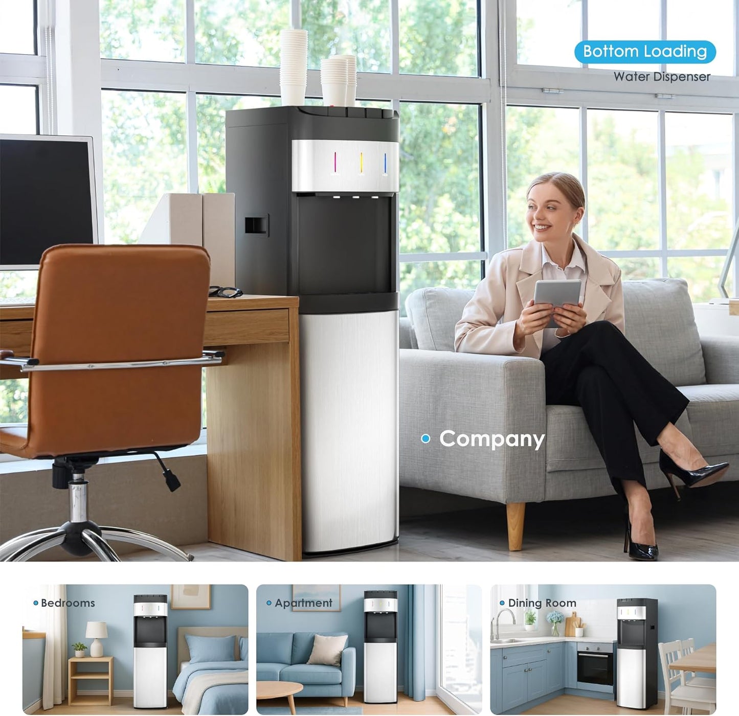 Euhomy Bottom Loading Water Cooler for 5 Gallons, 3 Temperature Settings-Cold/Hot/Warm, Child Safety Lock, Water Dispenser for Apartments, Schools, Companies, Black+Sliver