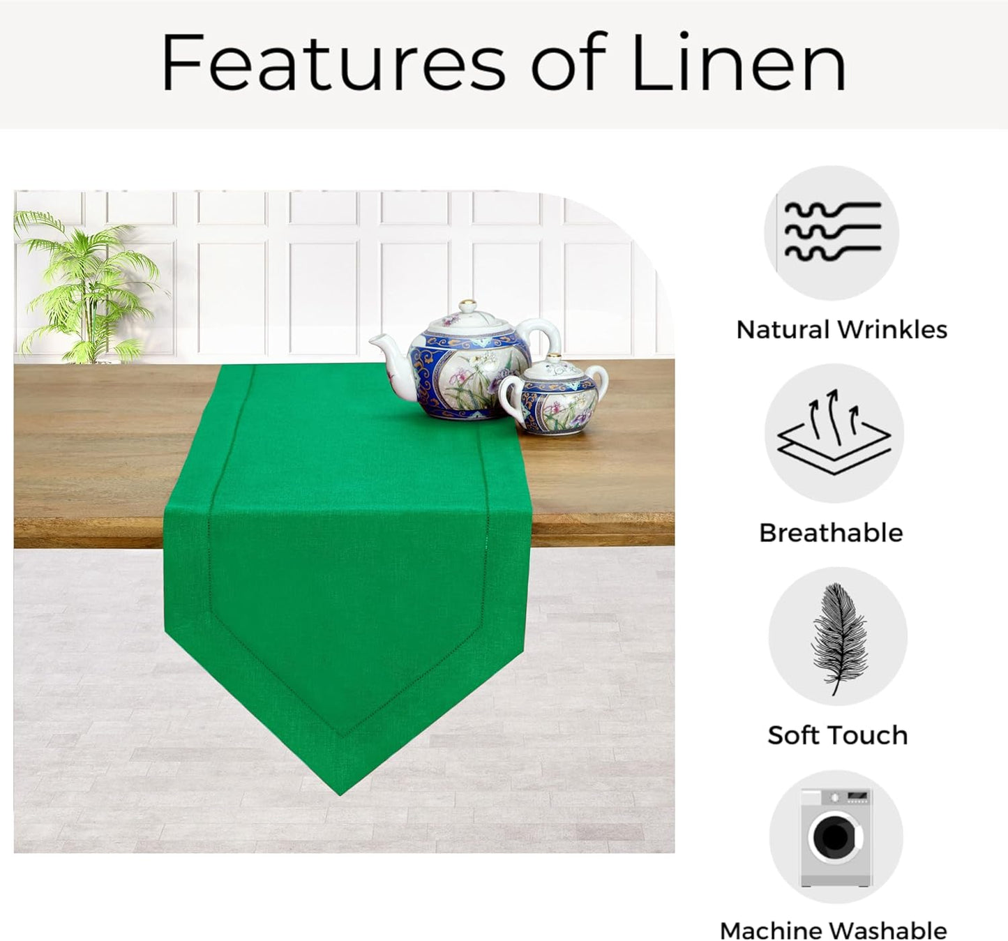 D'Moksha Homes Kelly Green Linen Table Runner 120 Inches Long - 100% Pure Linen Diamond Table Runner 14 x 120 Inch for Dining, Fall and Halloween - Machine Washable