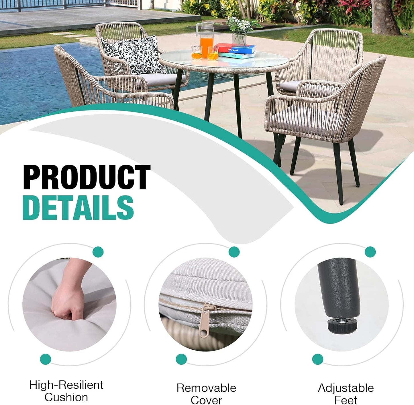 Patiorama Outdoor Dining Chairs, Patio Dining Chair Set of 4, All-Weather Woven Rope Rattan Chairs, Outdoor Dining Wicker Chairs with Armrests for Indoor Balcony Pool Backyard(Tan)