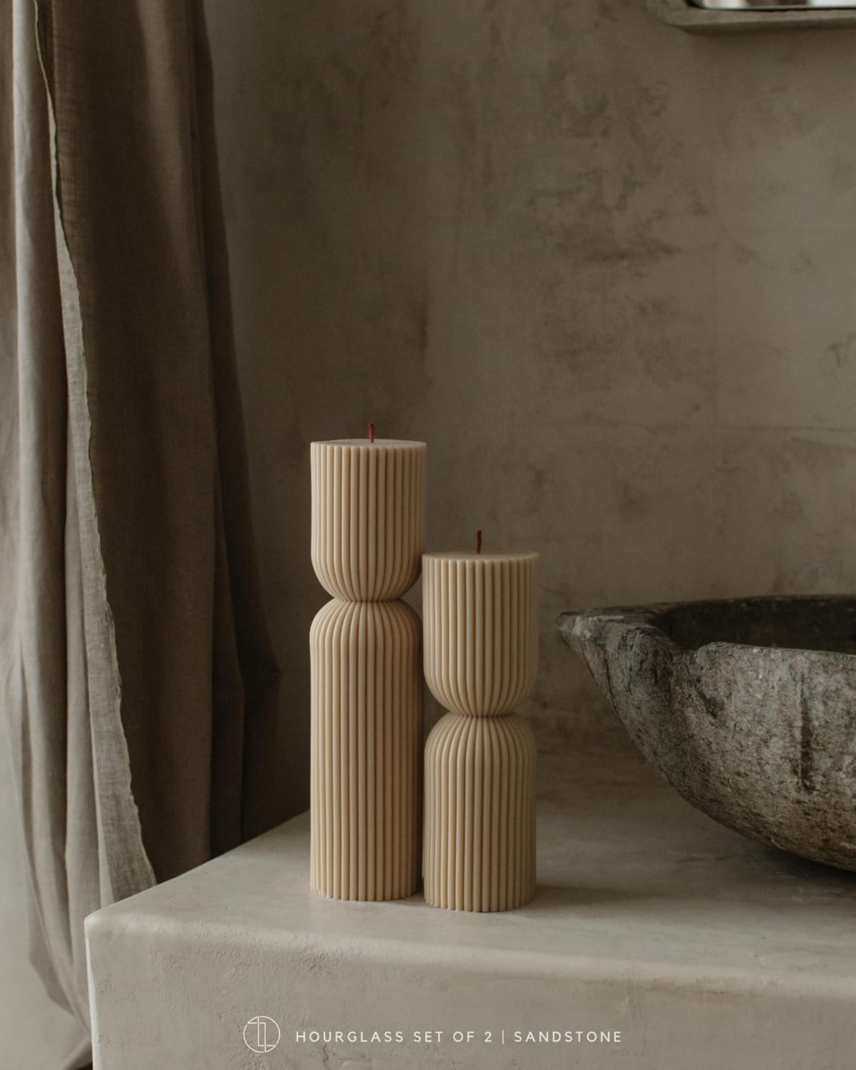 LAWA Hourglass Pillar Candle - Large Beautiful Handmade Pillar Scented Soy Wax Candle Elegant Bubble Aesthetic Candle Housewarming Gift Home Room Shelf Decor Idea Sandstone (Set of 2)