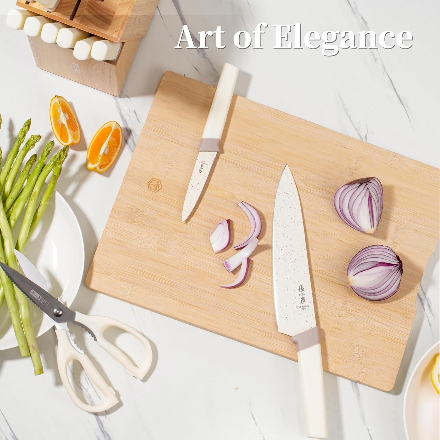 Zhang Xiao Quan Since 1628 15Piece Kitchen Knife Set,Knife Block Set with Ceramic-Coated Blade Ergonomic Handle(Cream)