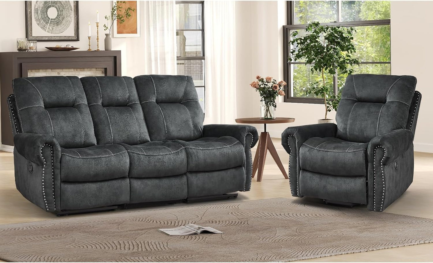 EBELLO 2 Pieces Reclining Couch Furniture Set for Living Room, 1 Seat Power Recliner and a 3 Seater Sofa, Vintage Rivet Mid-Century Design for Living Room, Grey