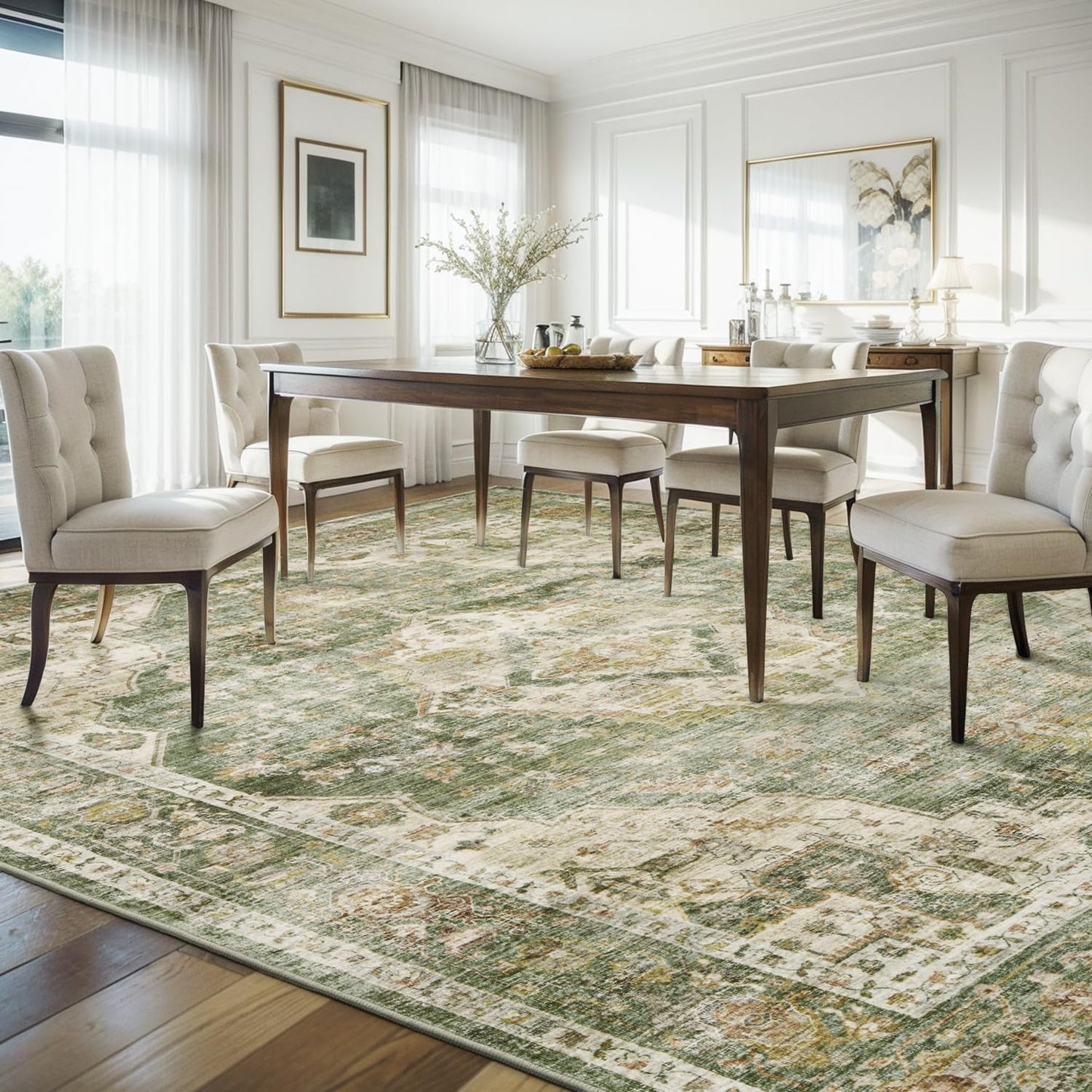 AMOAMI-Area Rug 5X7 Rugs for Living Room-Vintage Soft Green Rugs for Bedroom-Non Slip Carpet-Machine Washable Rug for Dining Room Living Room Bedroom Office Under Table