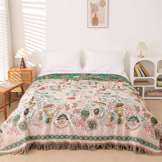 Snycler Cotton Bed Throw with Tassels, Double-Sided Bohemian Spring Flowers Plants Throws for Sofas, 80x90 inch Woven Warm Blanket for Single Sofa, Bedspread and Settee Couch Travel Green