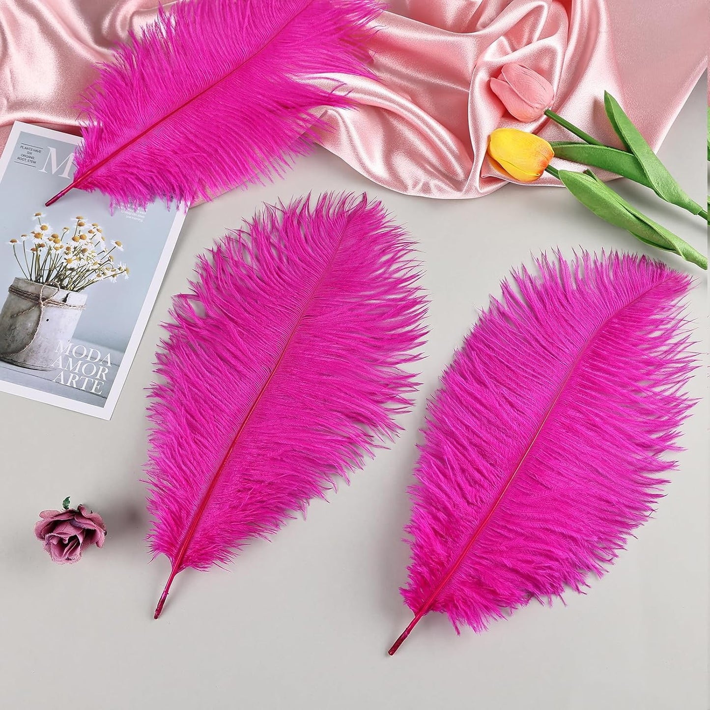 THARAHT Hot Pink Ostrich Feathers 12pcs Natural Bulk 8-10Inch 20cm-25cm for Crafts Wedding Party Centerpieces Easter Gatsbi and Home Decoration Feathers