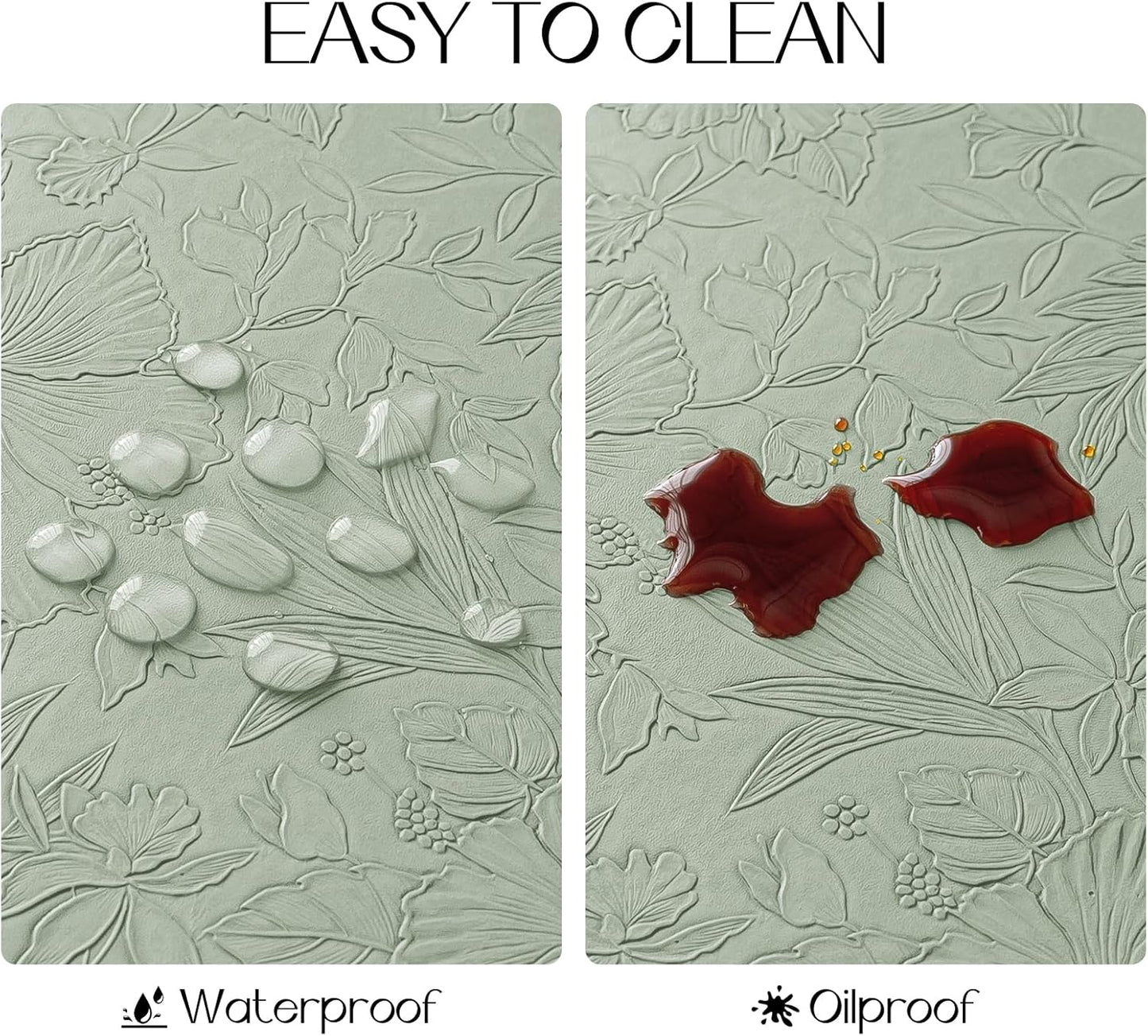 Romanstile Vinyl Placemats Set of 4-12 X 18 Inch - Heat Resistant Non-Slip Embossed Floral Place Mats 100% Waterproof Oilproof Wipeable Faux Leather Table Mats for Kitchen/Dining/Party, GrassGreen