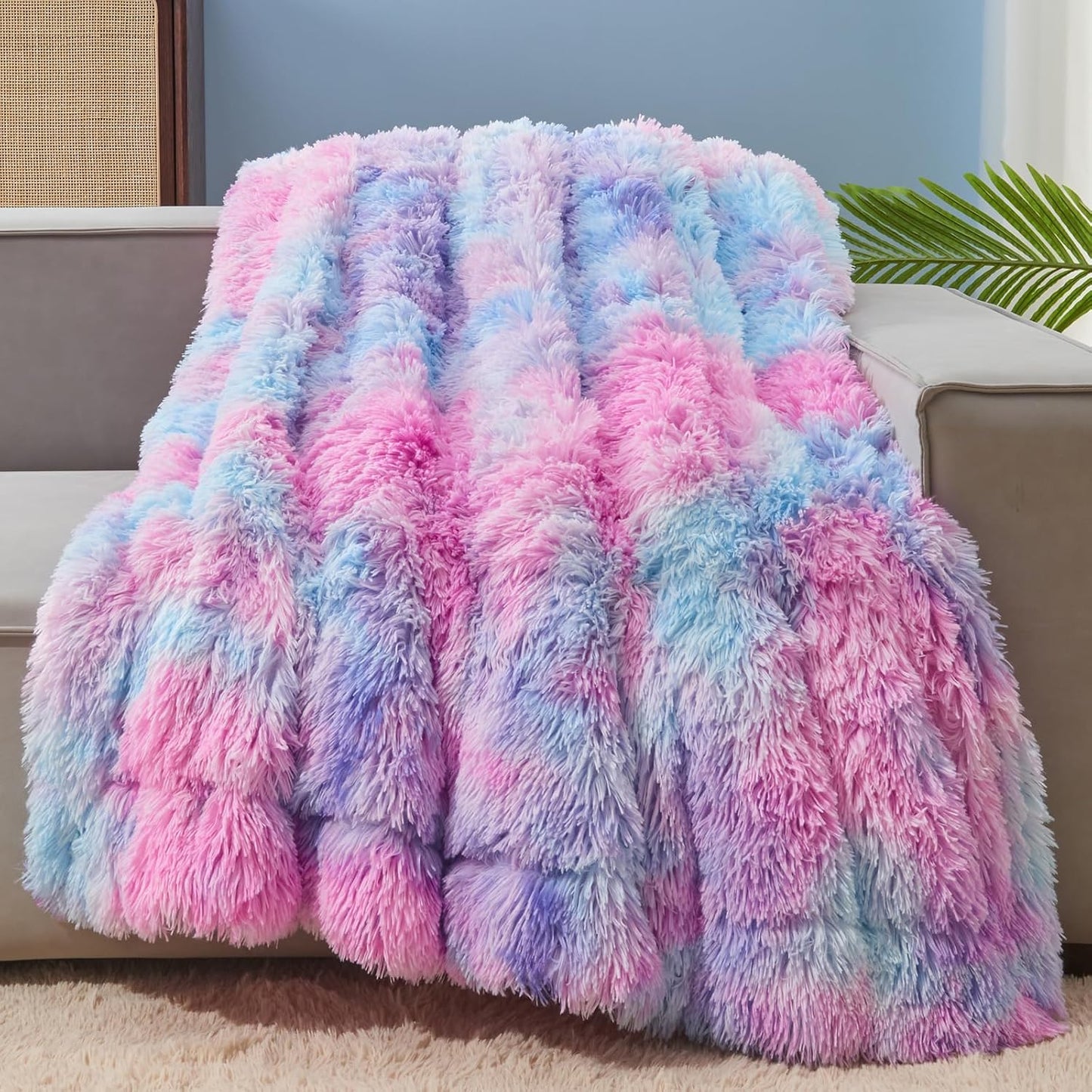 GONAAP Fuzzy Faux Fur Throw Blanket Twin Size Purple Rainbow Super Soft Cozy Plush Fuzzy Shaggy Blanket for Couch Sofa Bed (Purple Rainbow, Twin(60"x80"))