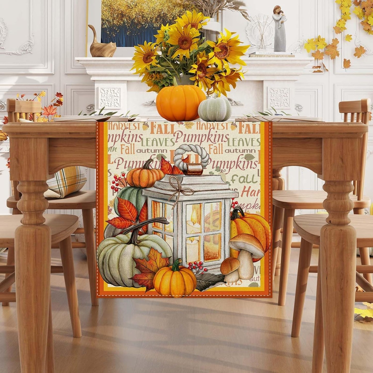 Linen Fall Table Runner - 120 Inch Farmhouse Leaves Pumpkin Table Decor - Autumn Thanksgiving Home Kitchen Dining Room Decorations