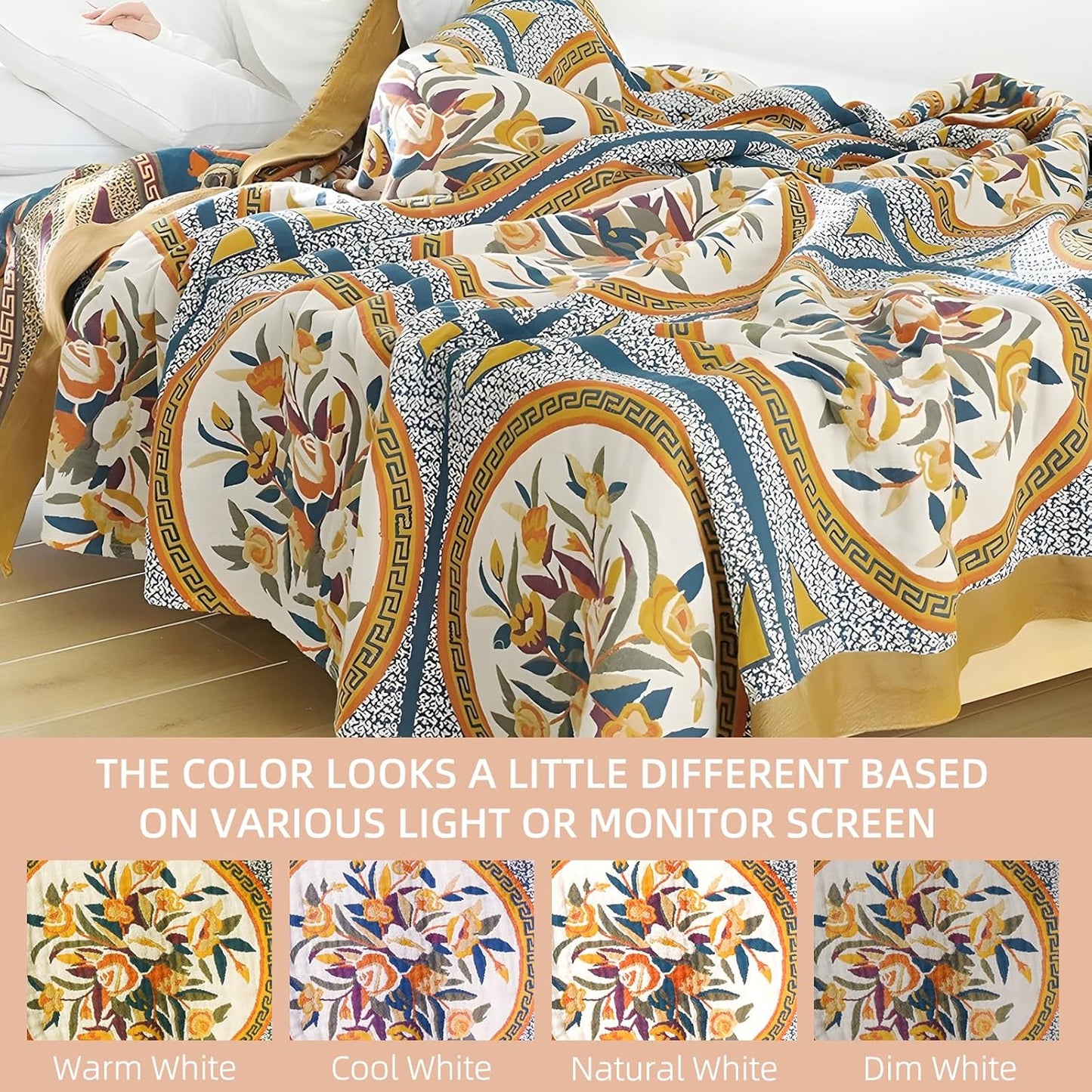 Boho Throw Blanket for Bed - 100% Pure Cotton Ultra Soft Rustic Quilt - Farmhouse Decor Bed Blankets, All Season Rustic Throw for Sofa Couch Chair(91''x 98'', Floral)