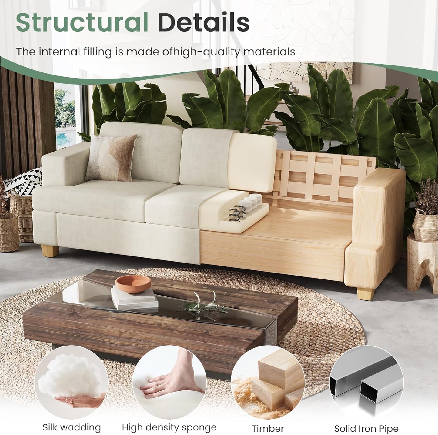 Sofa, 3 Piece Set Comfy Sofa, Loveseat & 2 3-Seater Couch with Deep Seats for Living Room, Modern Sleeper Couch, Beige Chenille