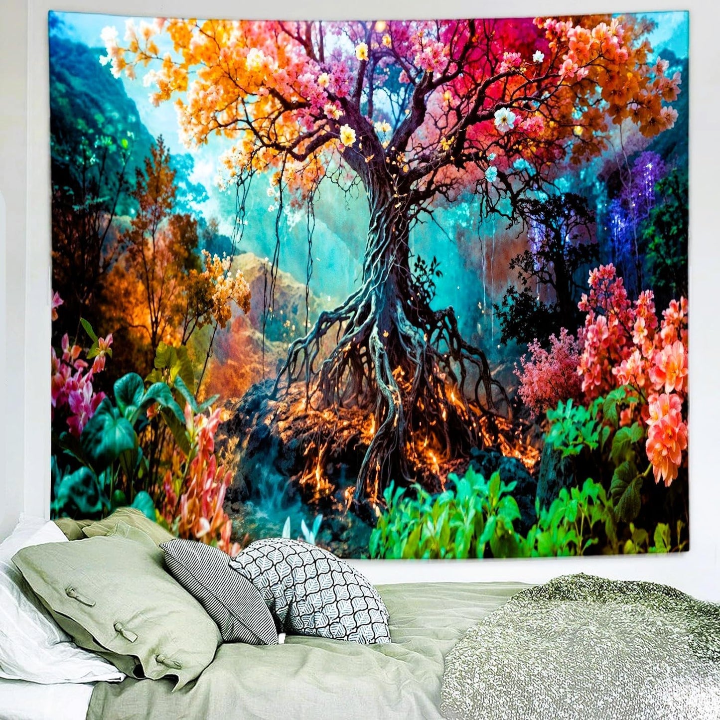 Delur Forest Tapestry Tree of Life Fantasy Tropical Rainforest Tapestry Wall Hanging Colorful Nature Mystical Landscape Psychedelic Spiritual Headboard for Bedroom Living Room Home Decor (70.8" x 92.5")