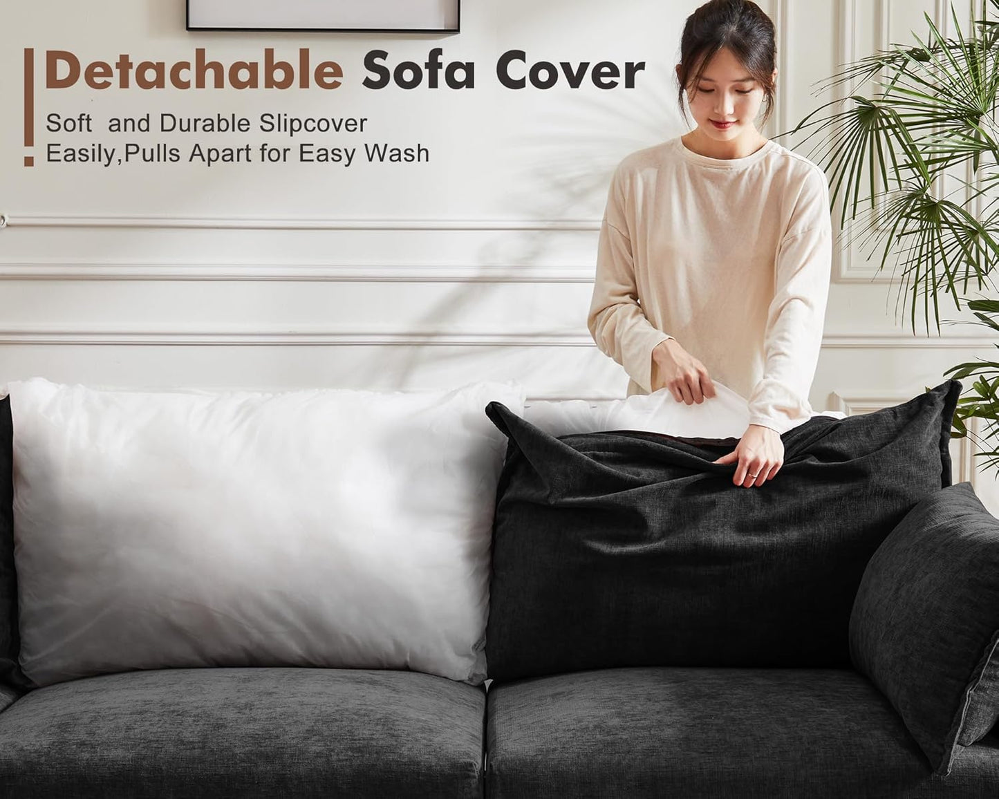 Oversized Accent Chair, Upholstered Modern Sofa Chair with Removable Backrest & Detachable Cover, 24.5" Deep Seat Large Reading Armchair for Living Room Bedroom Office - Chenille Black Set of 2