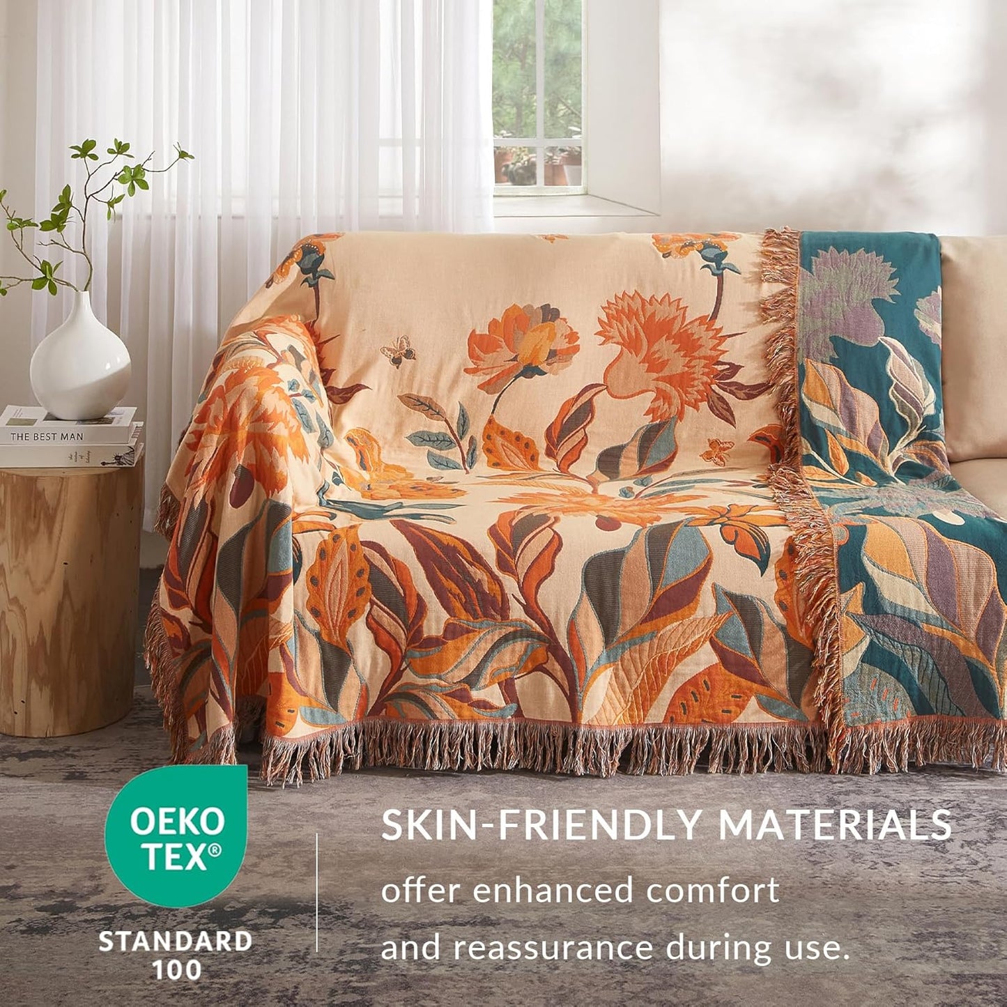 Boho Throw Blanket for Couch Sofa Bed, 100% Cotton Woven Quilt with Tassel 80”x90”, Super Soft Muslin Blanket with Floral Printed, Decorative Reversible Bed Blanket/Cover for All Seasons