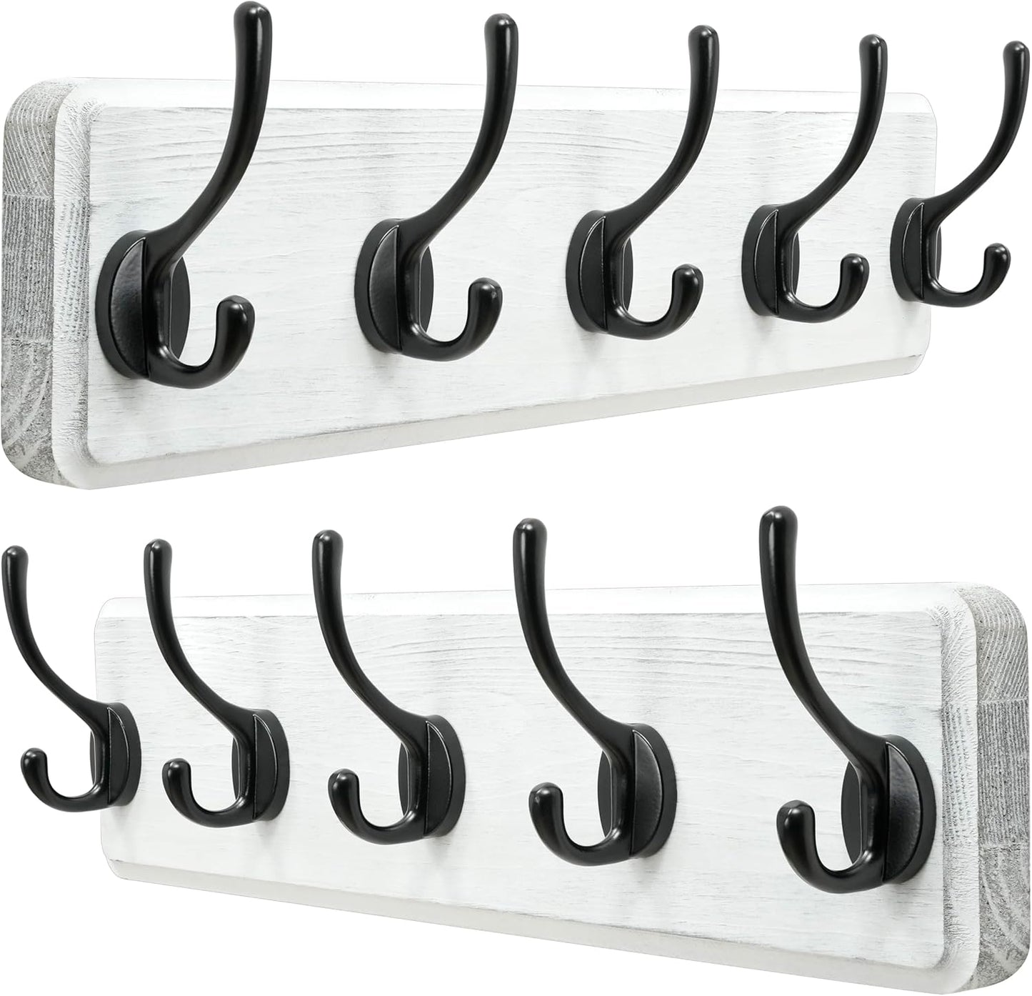 Dseap Coat Rack Wall: Patented, Heavy-Duty, 5-Double-Hooks Wooden Wall Mounted Coat Rack Coat Hanger Hook Rail for Winter Coats Hat Jacket Clothing, White & Black, Pack of 2