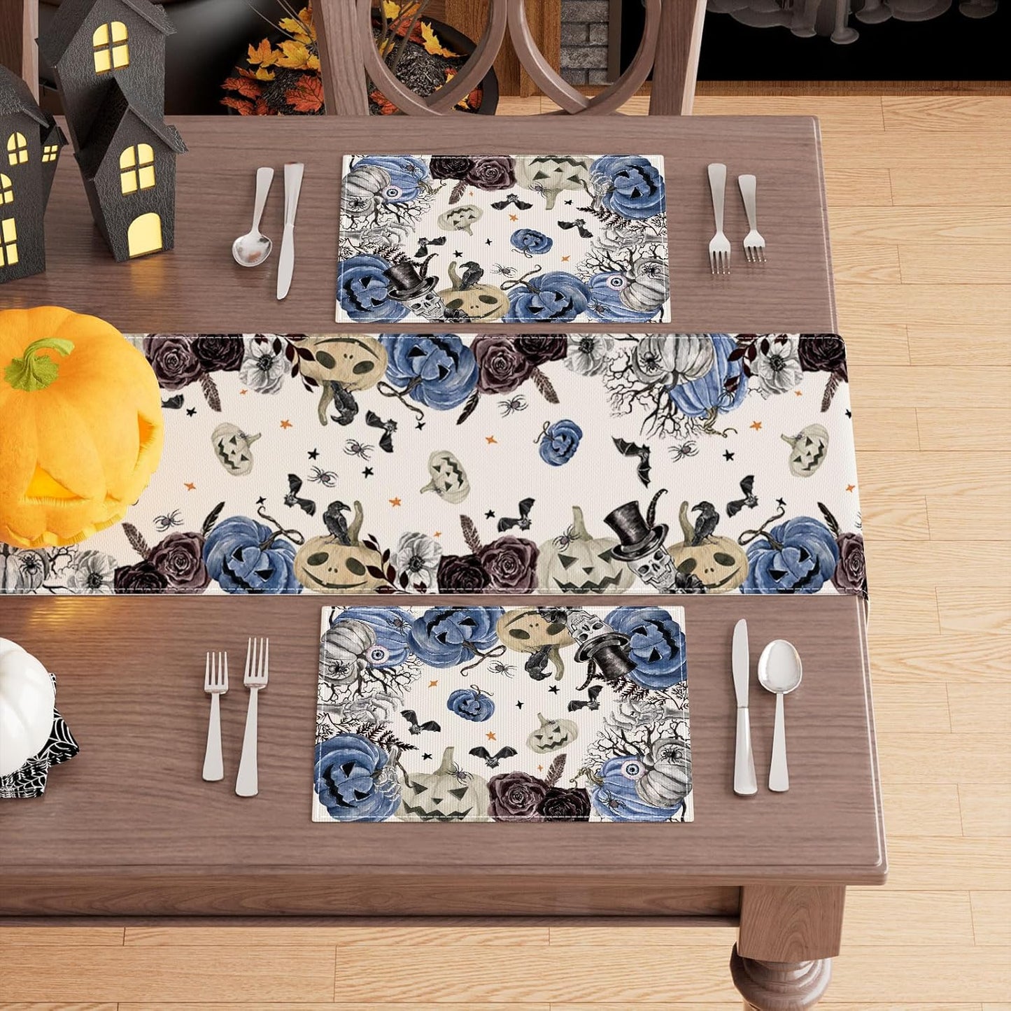 XCHI Spooky Blue Pumpkin Halloween Placemats Set of 4 Table Mats for Party Home Kitchen Dining Table Decorations 12x18 Inch