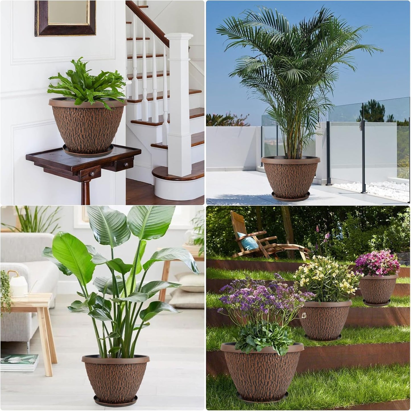 4 Pack 10 Inch Plant Pot, Flower Pots Outdoor with Drainage Hole & Tray, Thickened Plastic Planters for Indoor Outdoor Plants, Lightweight Modern Decorative Garden Pot with Saucer