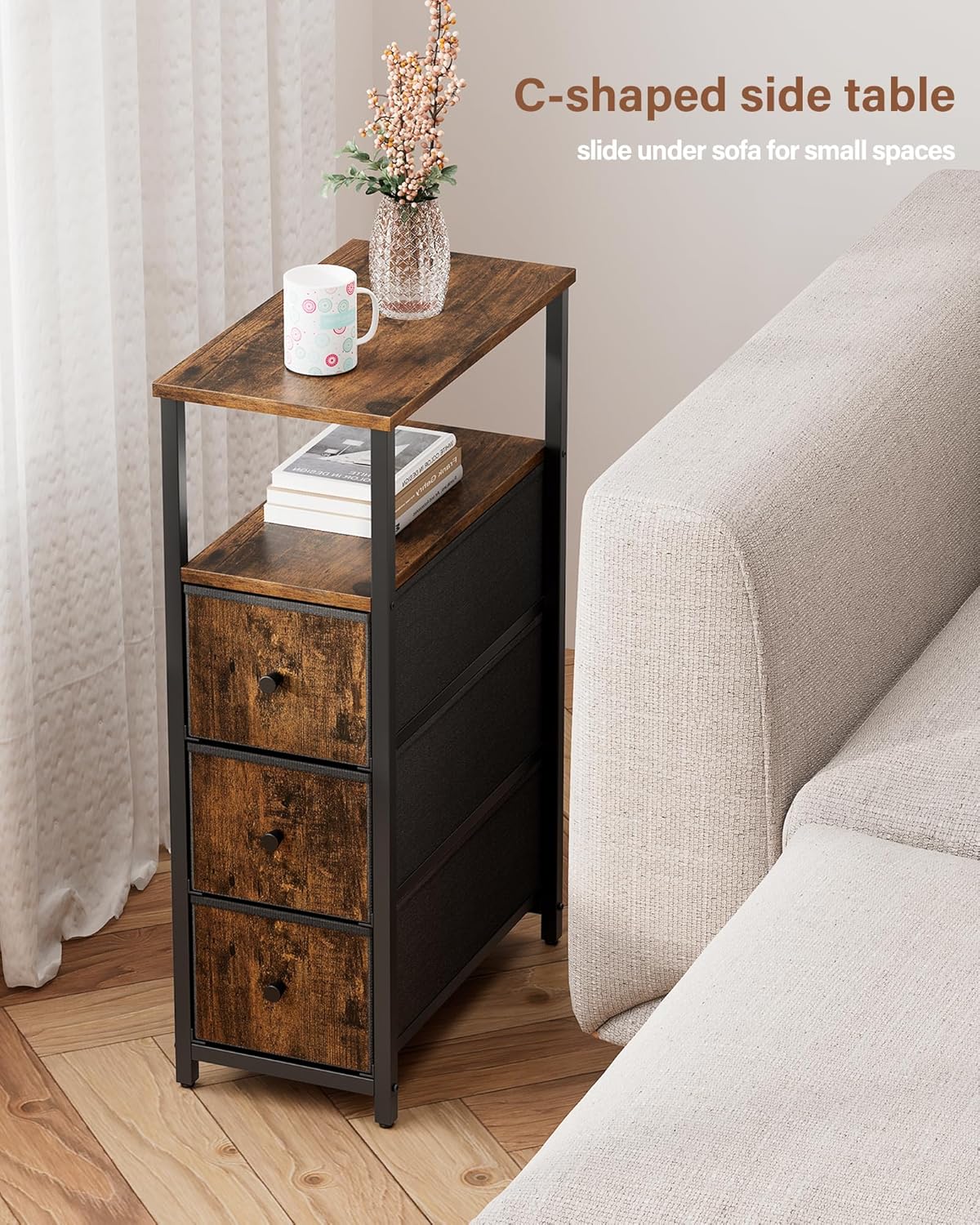 TUTOTAK Narrow Night Stand, Slim End Table, Tall Side Table with 3 Fabric Drawer, Small Bedside Table with Storage, Set of 2, for Living Room, Bedroom, Brown TB01BB072