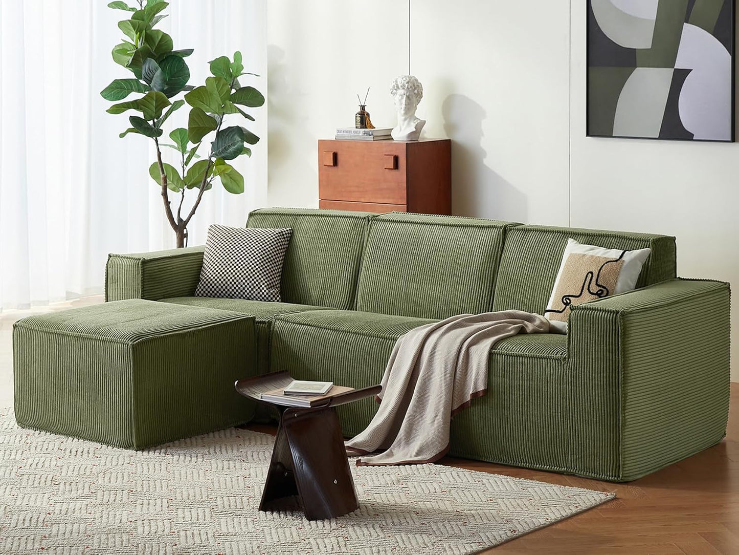 LINSY HOME Modular Sectional Sofa, 105" Boneless Couch L Shaped 3-Seat Sofa with Ottoman, Corduroy Sectional Cloud Couches for Living Room, No Assembly Required, Green