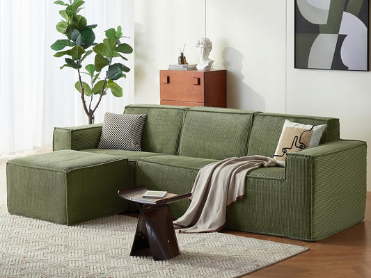 LINSY HOME Modular Sectional Sofa, 105" Boneless Couch L Shaped 3-Seat Sofa with Ottoman, Corduroy Sectional Cloud Couches for Living Room, No Assembly Required, Green