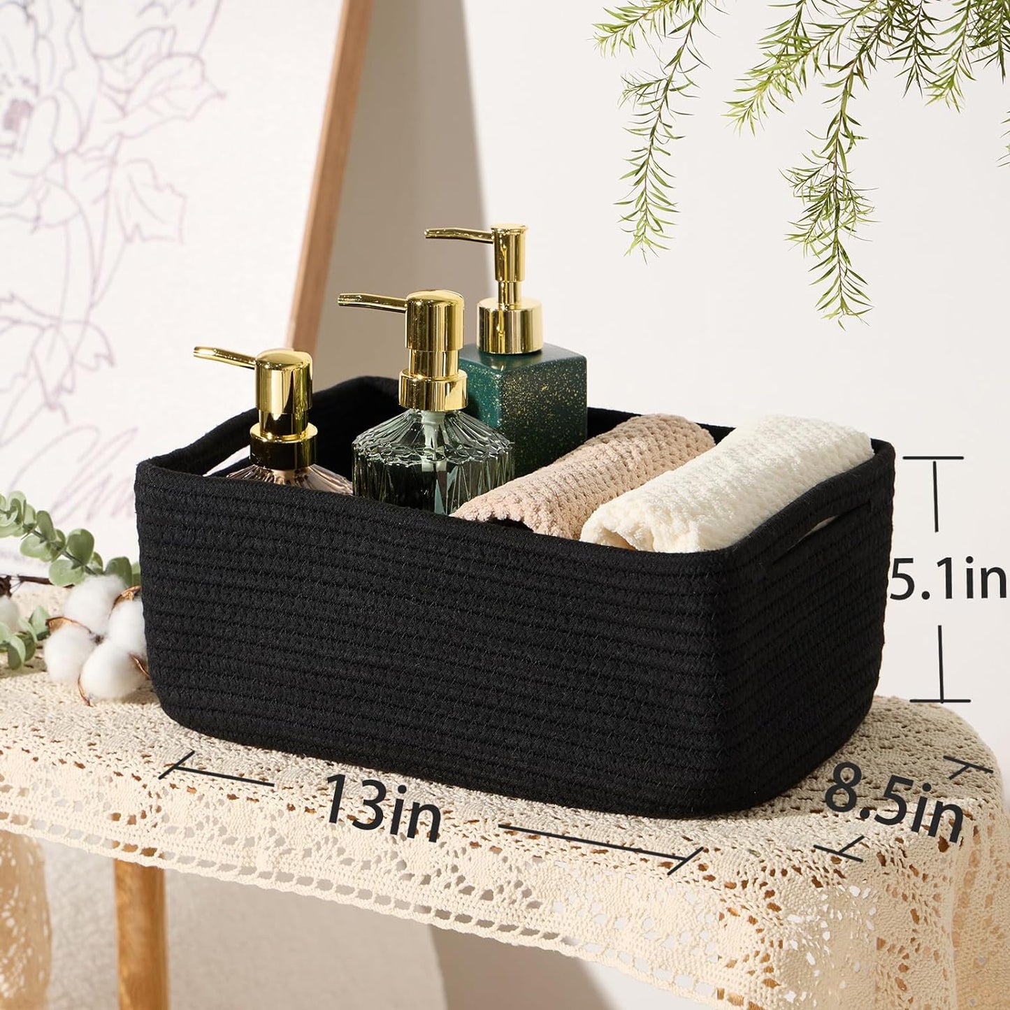 Small Storage Baskets for Organizing | Closet Organizer Bins | Shelf Toy Basket | Woven Rope Baskets | Cube Decorative Box | Shallow Basket | 13x8.5x5.1” | 4 Packs Black