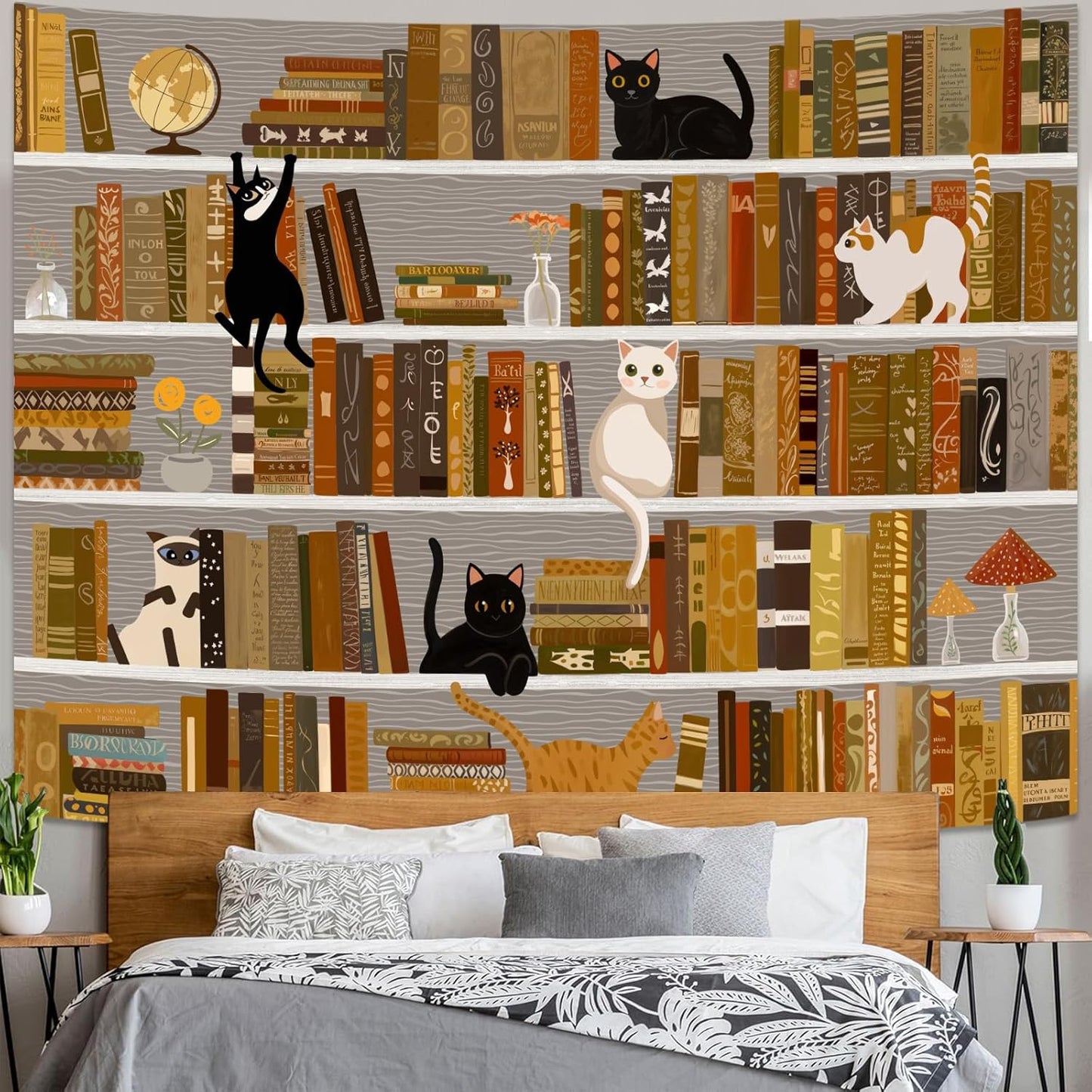 Accnicc Cat Bookshelf Tapestry Black White Cute Cats Book Shelf Tapestries Wall Hanging Art Vintage Retro Academics Library Book Tapestry for Bedroom Living Room Dorm 80 x 60 inch