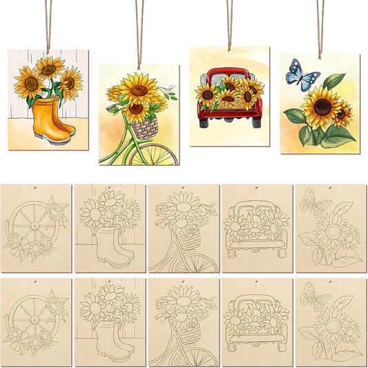 COCHIE 10 Pieces Large Sunflowers Unfinished Wood Crafts to Paint for Adults and Kids, Bulk Predrilled Wooden Ornaments for Painting, Summer Sunflower Paintable Wood Slices Craft Supplies with Ropes