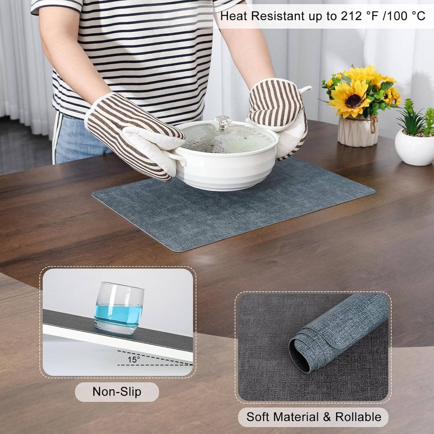 Myir JUN Dual Sided Placemats, Faux Leather Set of 8 for Dining Table, Non-Slip Washable Heat Resistant Indoor Outdoor Table Mats (Gray Light Blue)