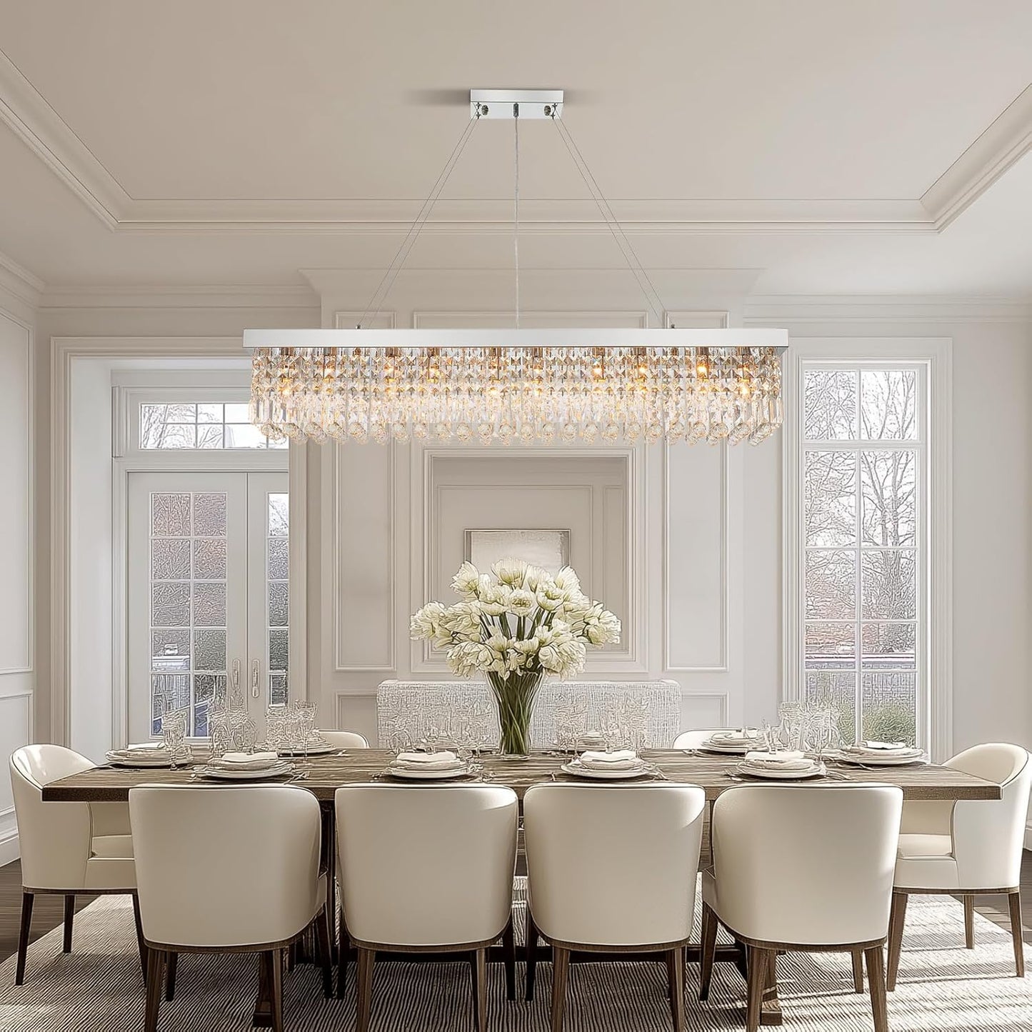 Rectangle K9 Crystal Chandelier,10 Lights Modern Rectangular Hanging Ceiling Pendant Light Fixture for Dining Room Kitchen Island,Polished Chrome Finish L47''xW10''xH10''