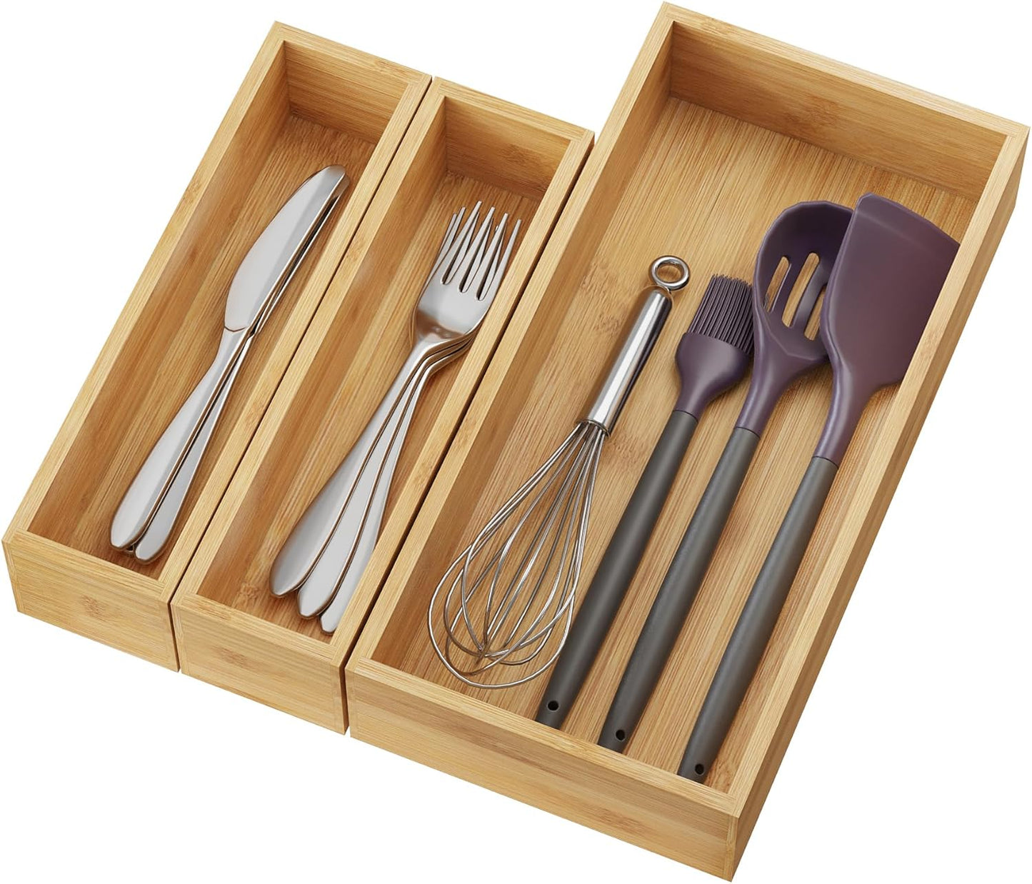BAMEOS 3-Piece Bamboo Drawer Organizer, Utensil Organizer for Drawer, Junk Drawer Organizer for Kitchen Bathroom, Dressing Room, Office, Pantry (Natural)