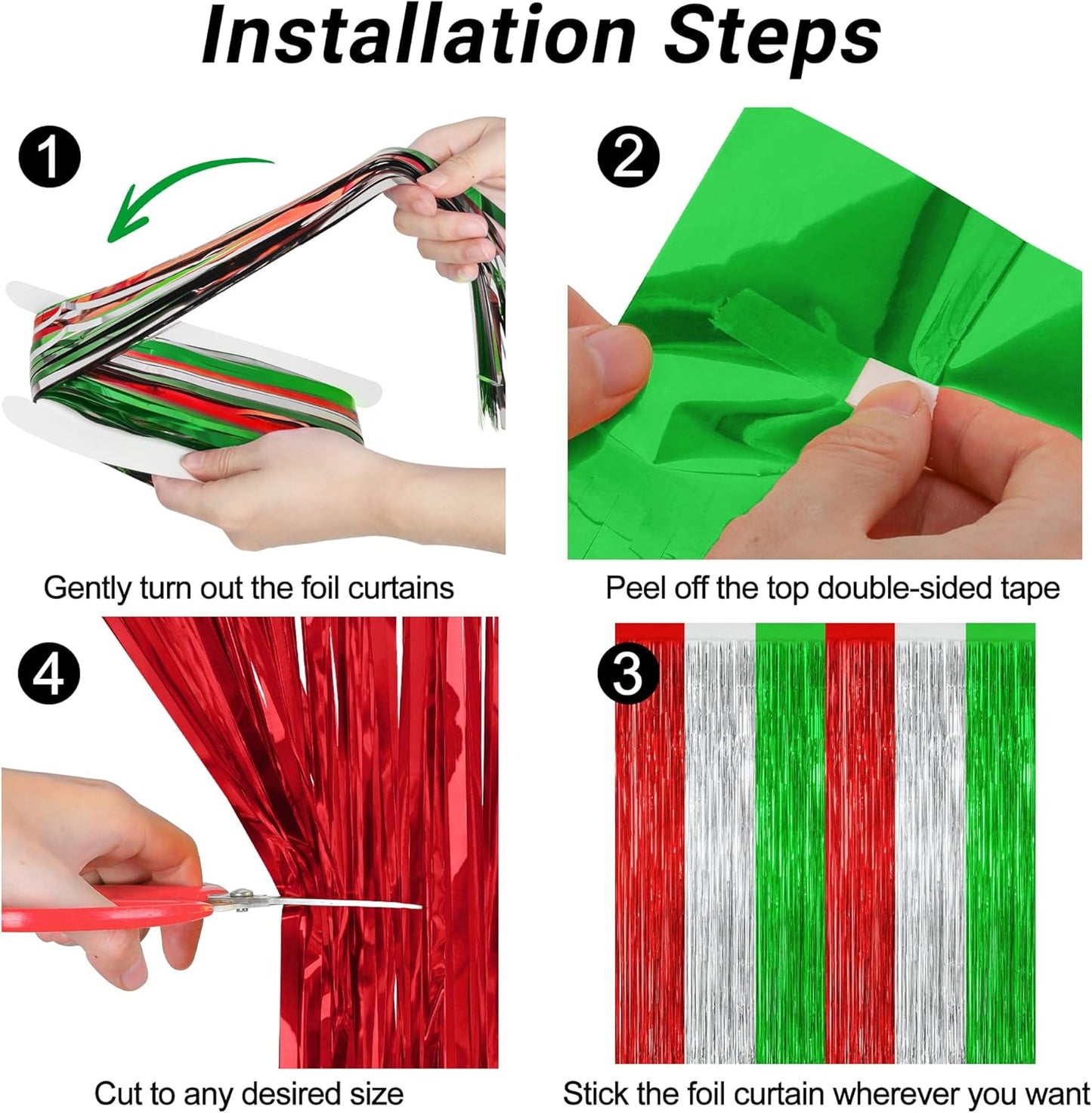 8 Pack Christmas Photo Backdrop, 3.28 FT x 7.05 FT Red Silver Green Party Streamer, Metallic Foil Fringe Curtains Tinsel Backdrop, Christmas Photo Booth Props Door Decor Party Supplies