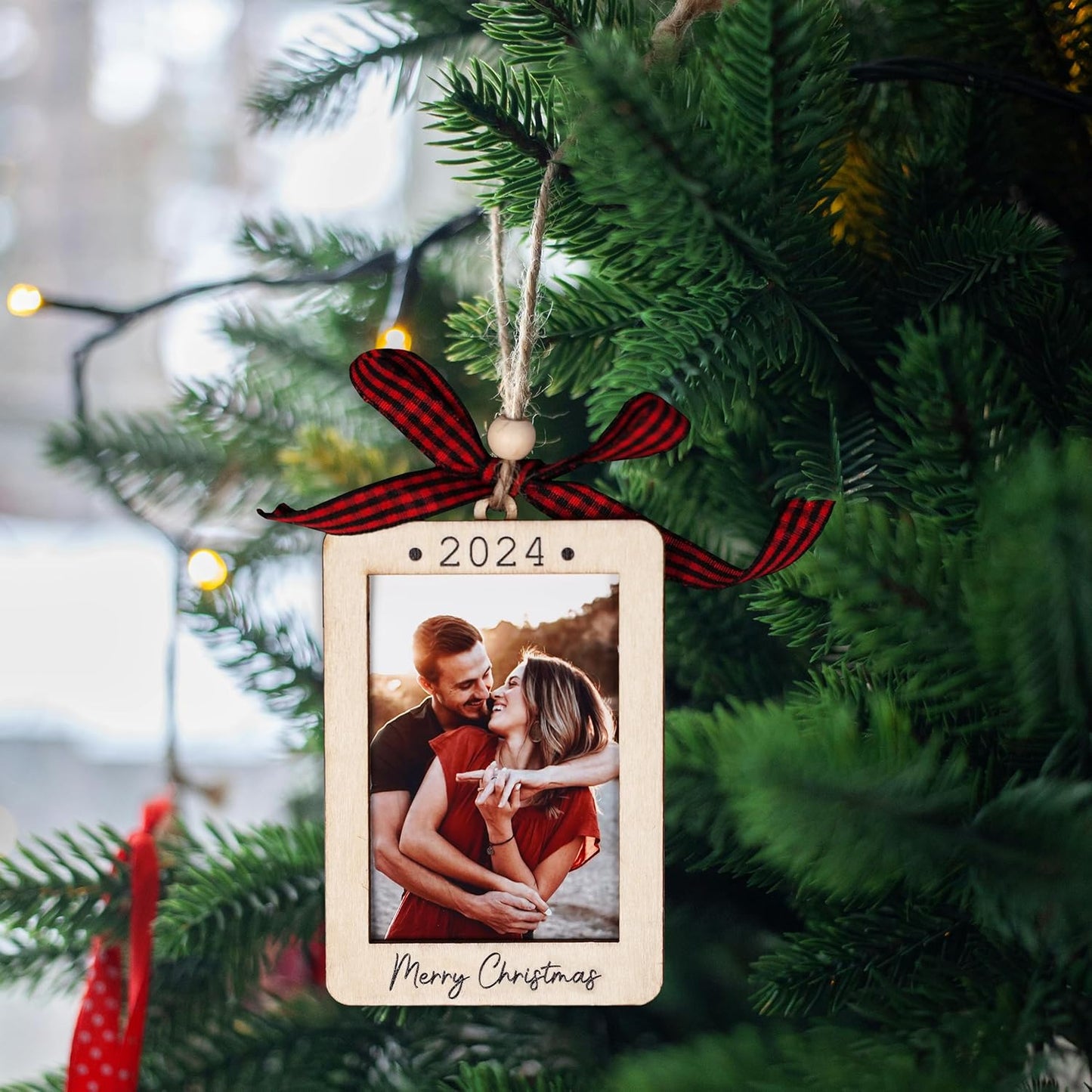 Christmas Photo Frame Ornament, 2024 Ornament, Wooden Picture Frame Ornaments With Hanging String (Merry Christmas (Portrait))
