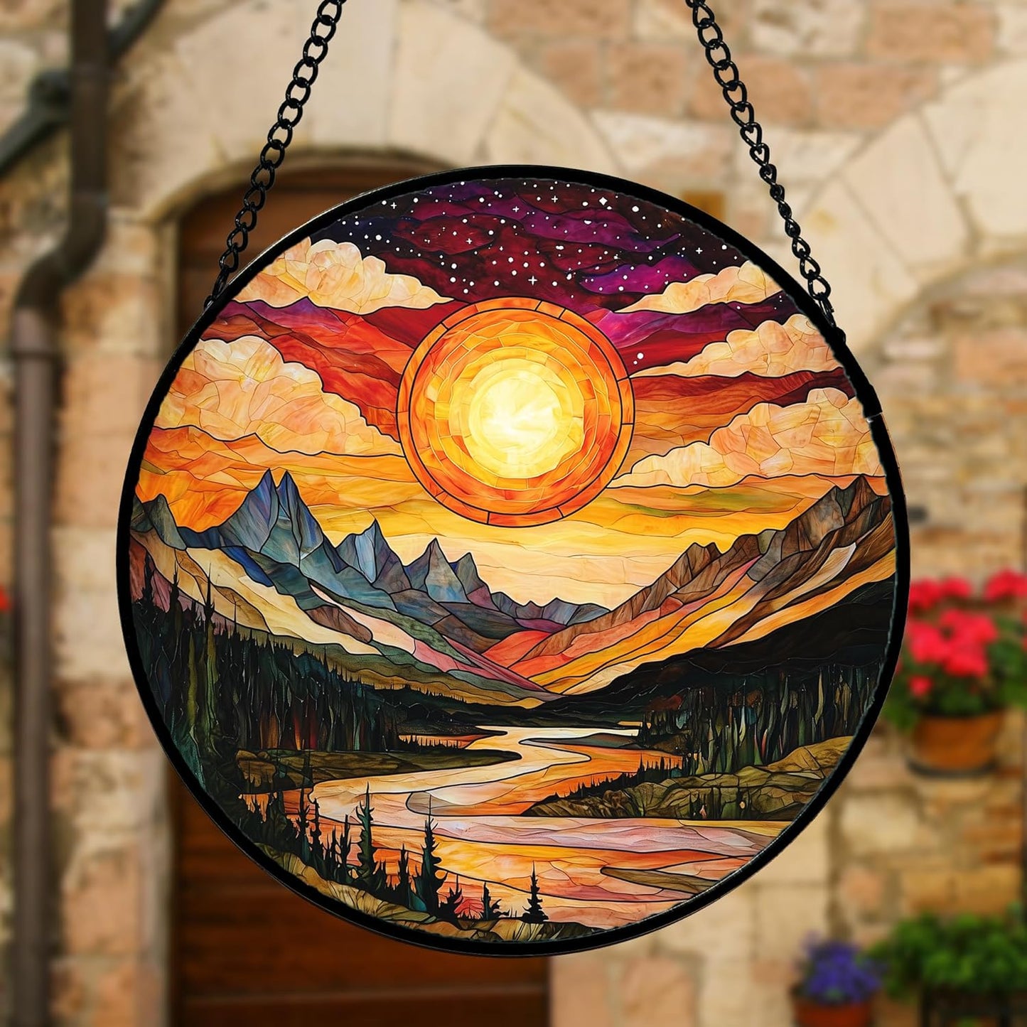 Stained Glass Window Hanging, Dusk Sunset Landscape Sun Catchers Glass Panel Lakes and Mountains Suncatcher Decor for Birthday for Women, Men, Wife, Aunt, and Mom 6.3 in