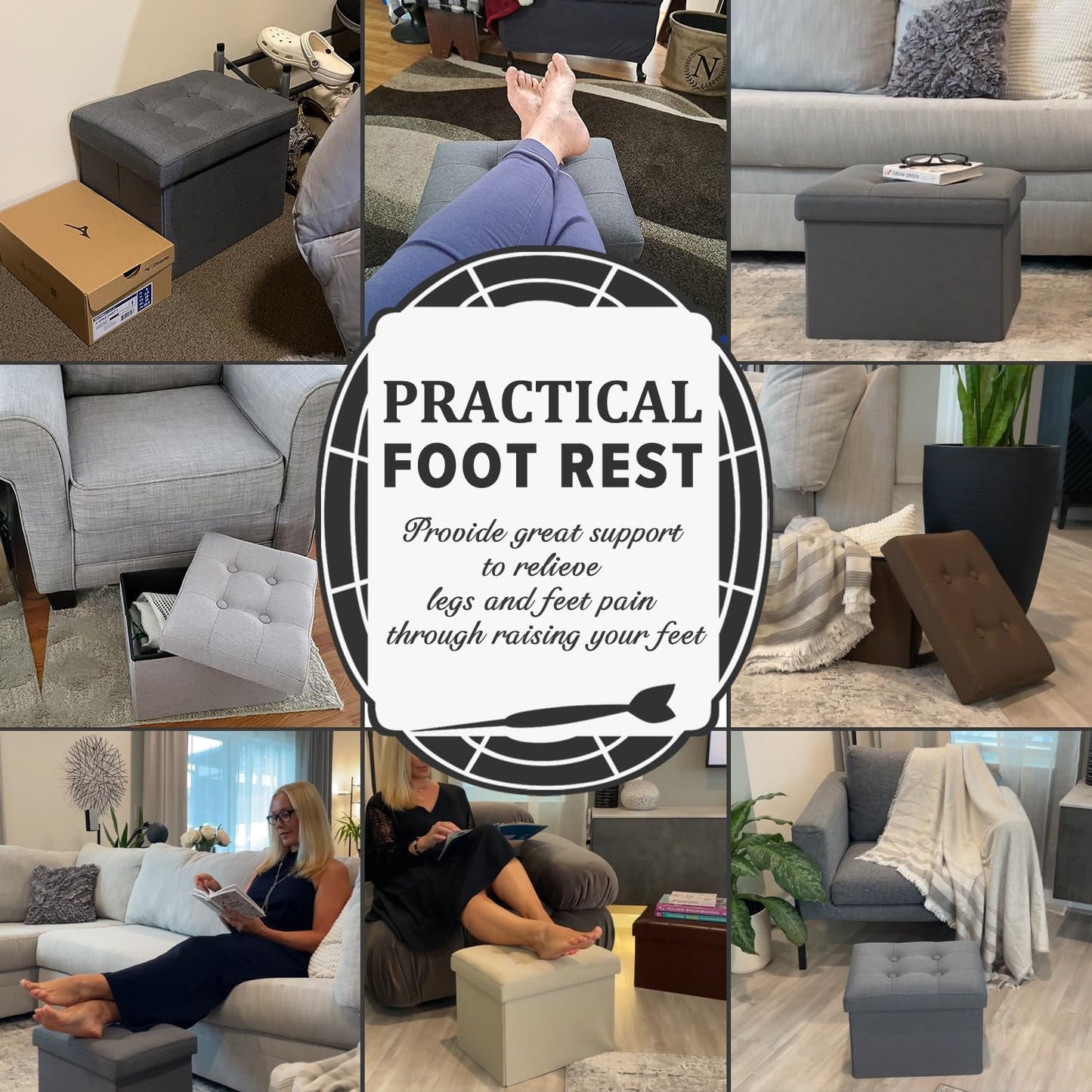 LINMAGCO Ottoman Storage Ottoman with Storage Small Foot Rest Stool Under Desk Stool Short Folding Footrest Linen Cloth Light Gray 16X12X12IN