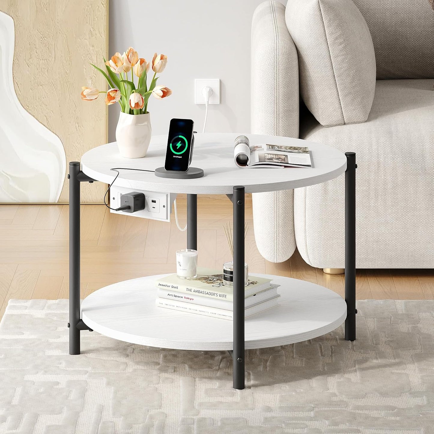 LIKIMIO Side Table, 23.6" W Round End Table with Charging Station, Modern Wooden Nightstand for Small Spaces, Living Room, Bedroom, White