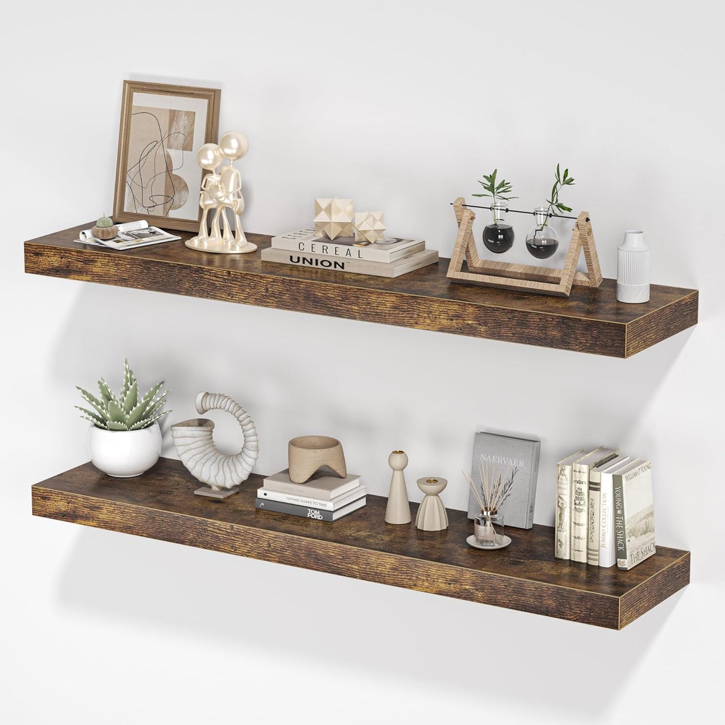 Floating Shelves for Wall, 40"W x 8"D x 1.5"H, Wooden Wall Mounted Display Shelves with Invisible Brackets for Living Room, Bedroom, Bathroom, Kitchen Decor and Storage, Set of 2, Rustic Brown