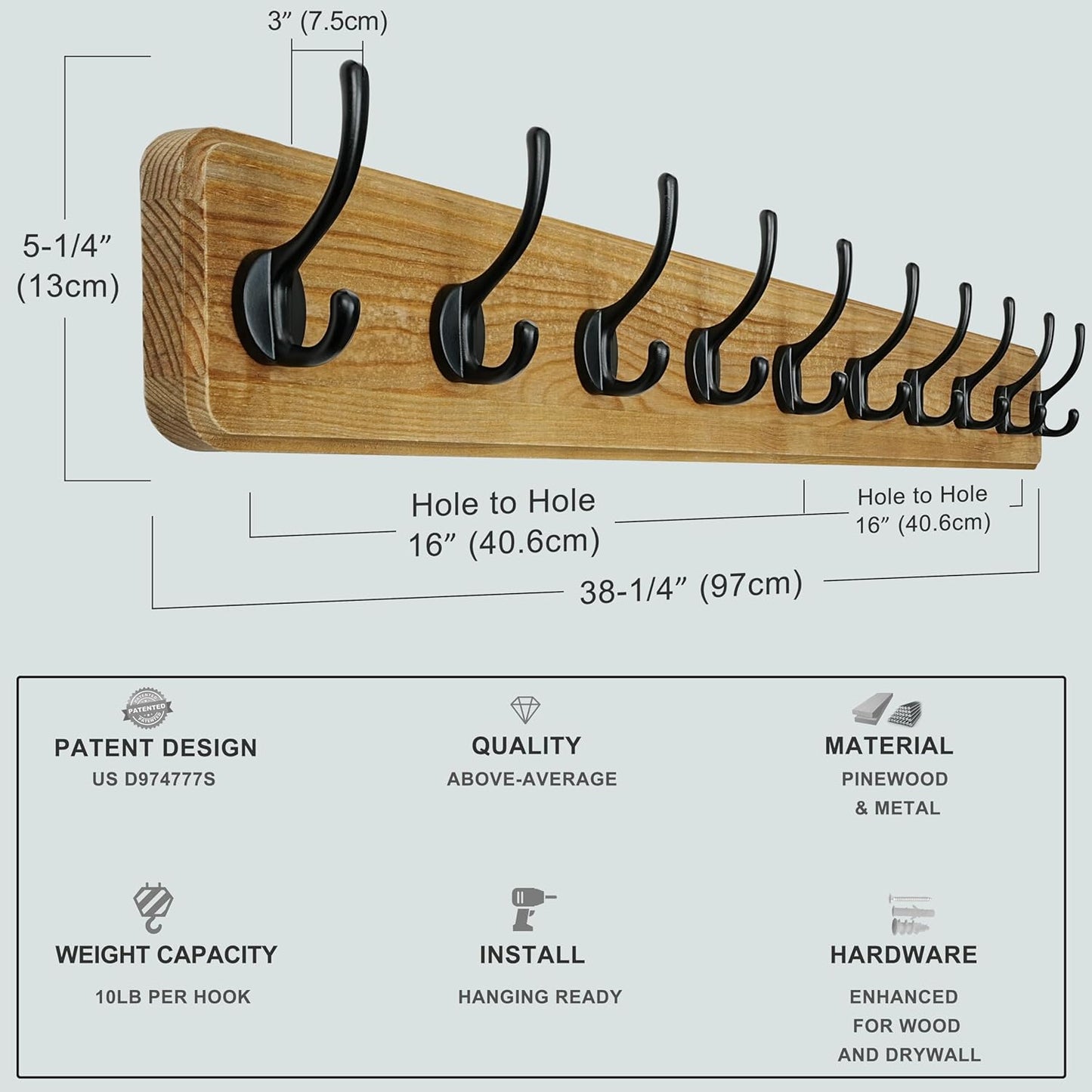 Dseap Coat Rack Wall: 38-1/4" Long, Patented, Heavy-Duty, 10-Double-Hooks Wooden Wall Mounted Coat Rack Coat Hanger Hook Rail for Winter Coats Hat Jacket Clothing, Weathered Brown