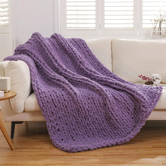 WESHIONGOO Chunky Knit Blanket Throw Knitted Throw Blankets for Couch Bed Fluffy Soft Blanket with Jumbo Chenille Yarn Thick 100% Handmade (Purple, 50"×60")