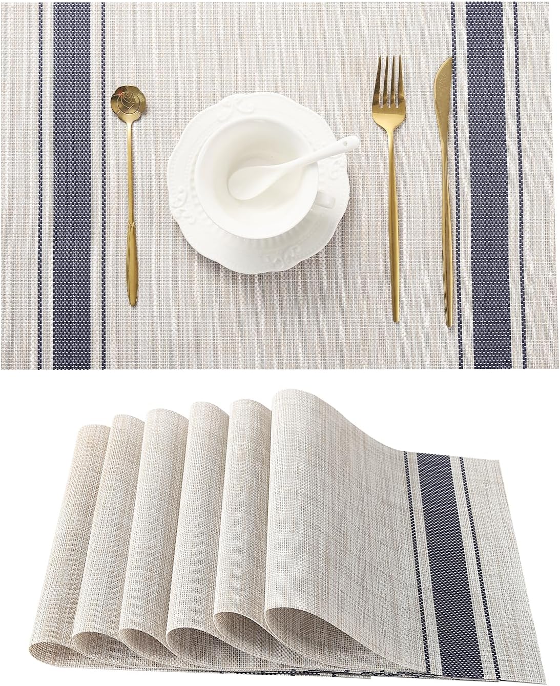 Leetaltree Khaki-Blue Placemats, Heat Resistant Non-Slip Place mats for Dining Table, Washable Durable PVC Vinyl Woven Table Mats (Set of 6)
