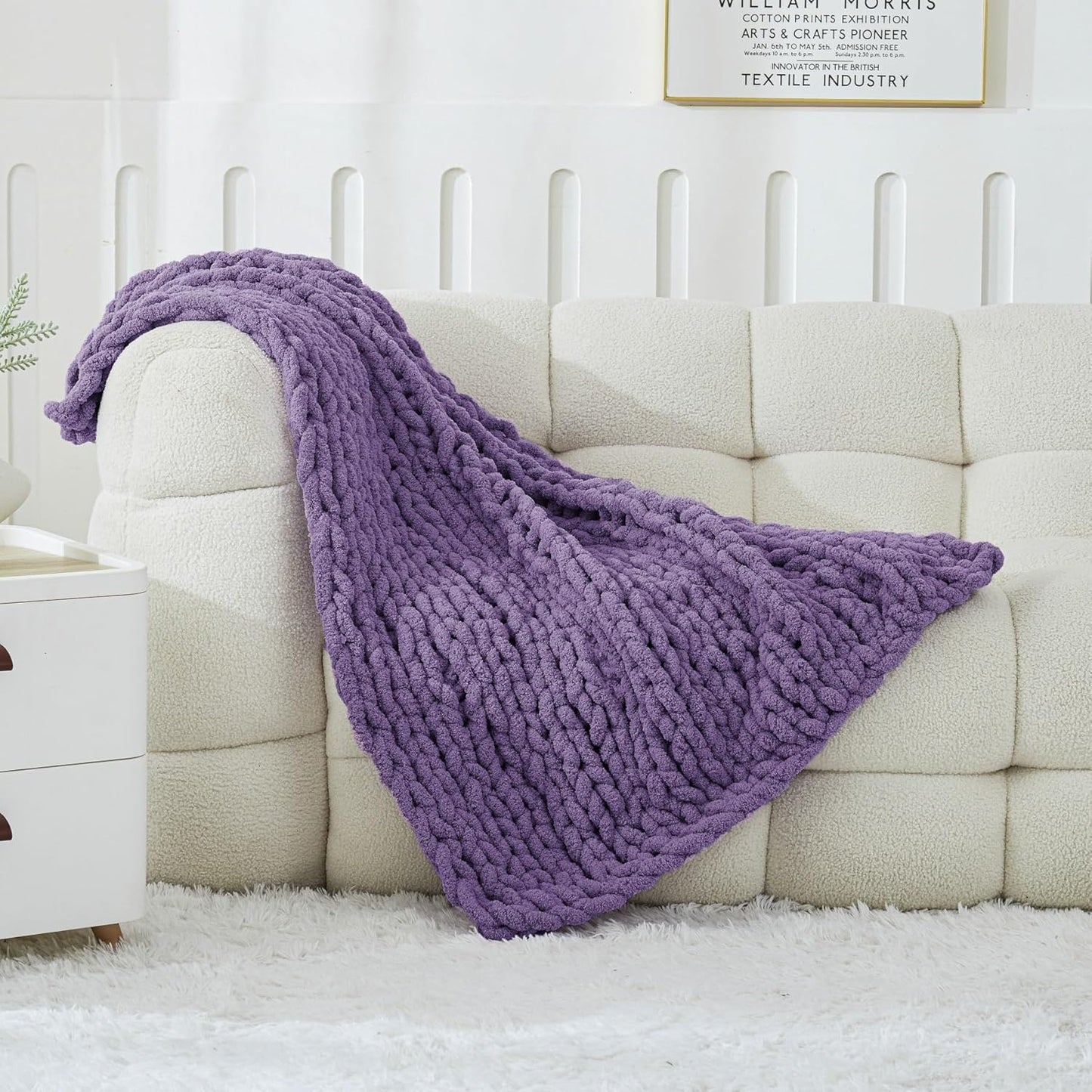 WESHIONGOO Chunky Knit Blanket Throw 40"×40" Knitted Throw Blankets for Couch Bed Fluffy Soft Blanket with Jumbo Chenille Yarn Thick 100% Handmade(Purple)