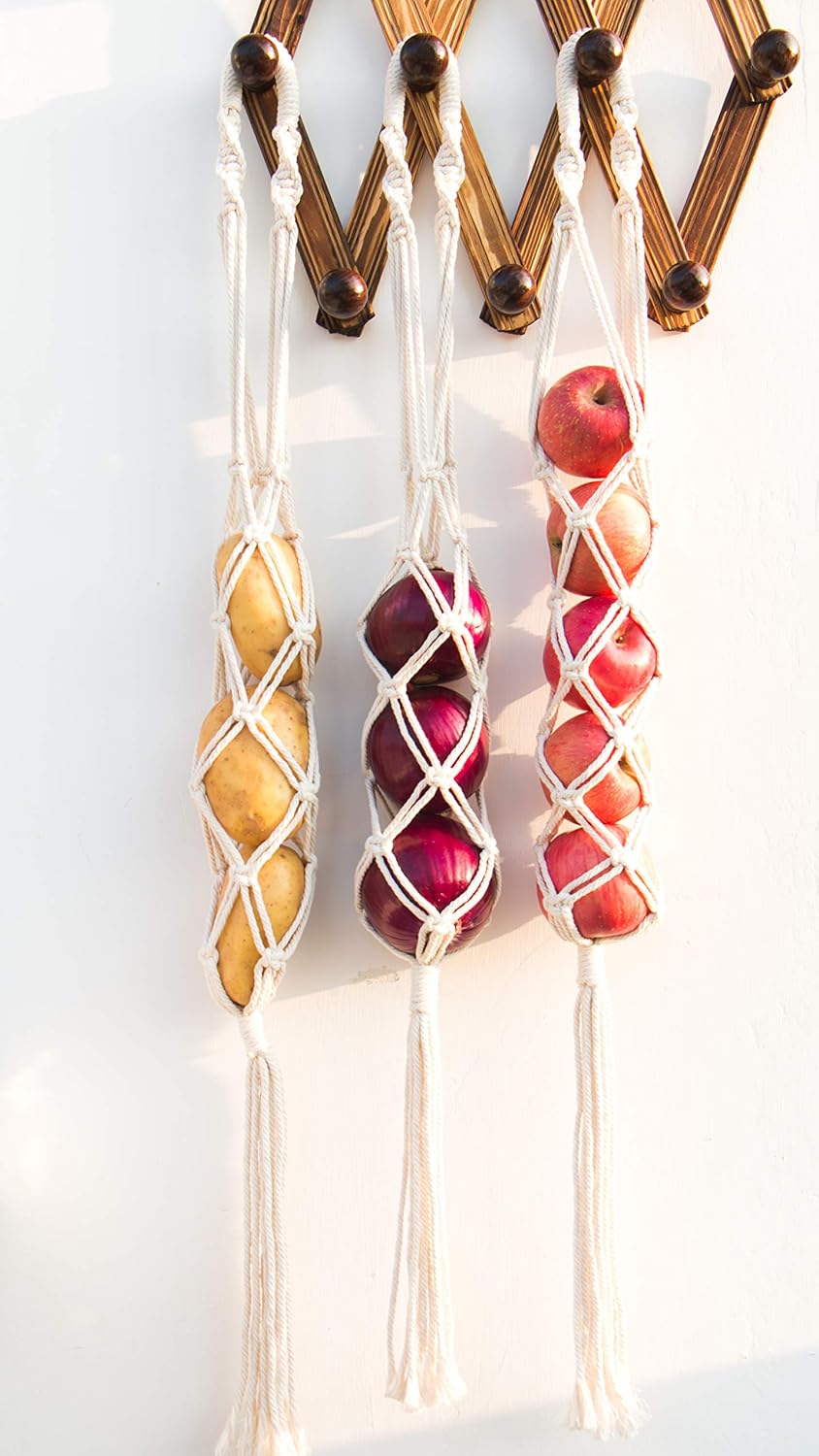 Decocove Hanging Fruit Basket - Boho Basket for Potato, Onion and Fruit Storage - Boho Wall Hanging Decor for Kitchen - Macrame Wall Hanging Basket - Set of 3
