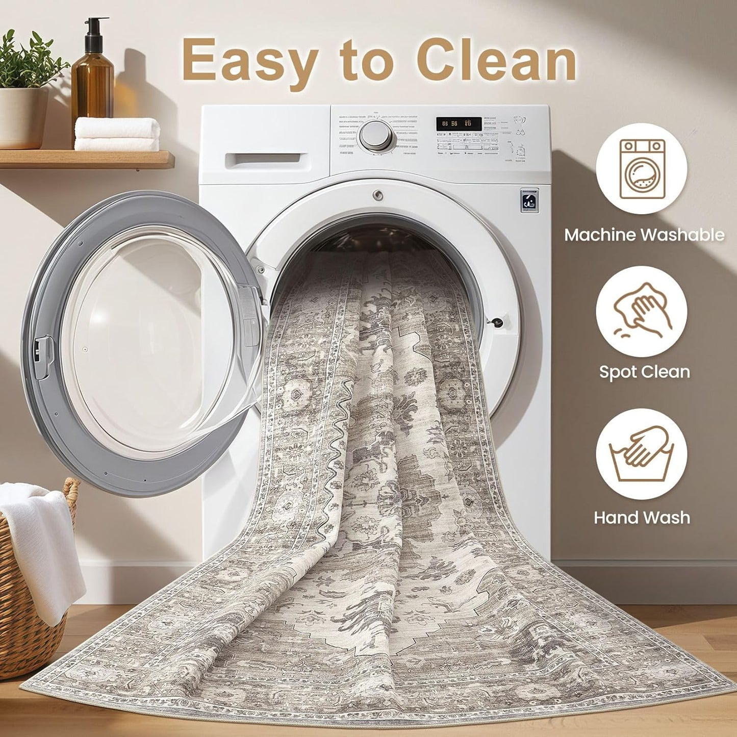 Washable Area Rugs for Living Room -10x13 Neutral Vintage Distressed Floral Farmhouse Boho Large Soft Floor Rug Indoor Non Slip Carpet for Living Room Bedroom Dining Room Office-Brown/Beige